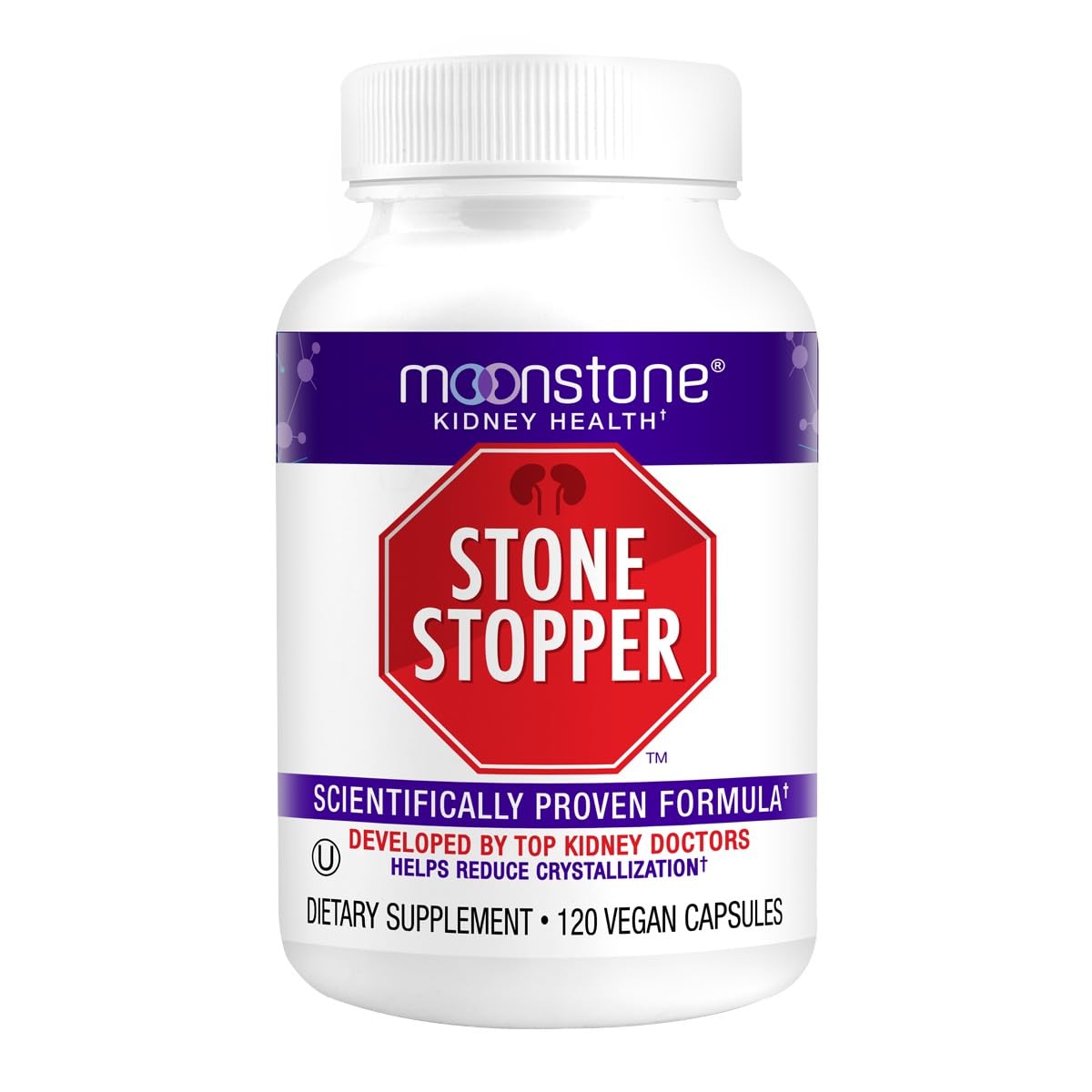Moonstone Stone Stopper emballage montrant le conditionnement pratique et le soutien potentiel à la santé rénale