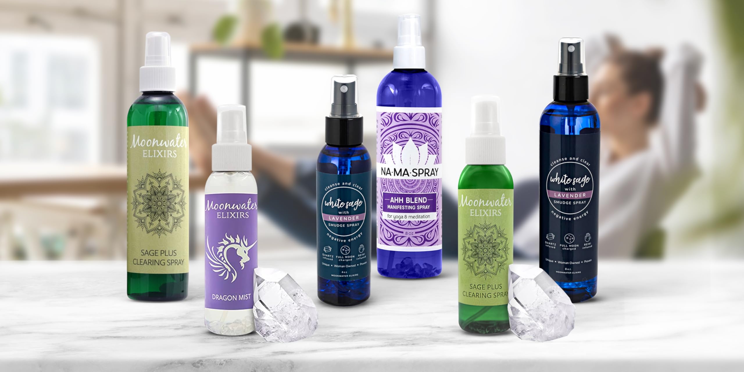 Moonwater Elixirs Bouteille Purification Sauge: pratique quotidienne pour calmer l’environnement et recentrer l’esprit.
