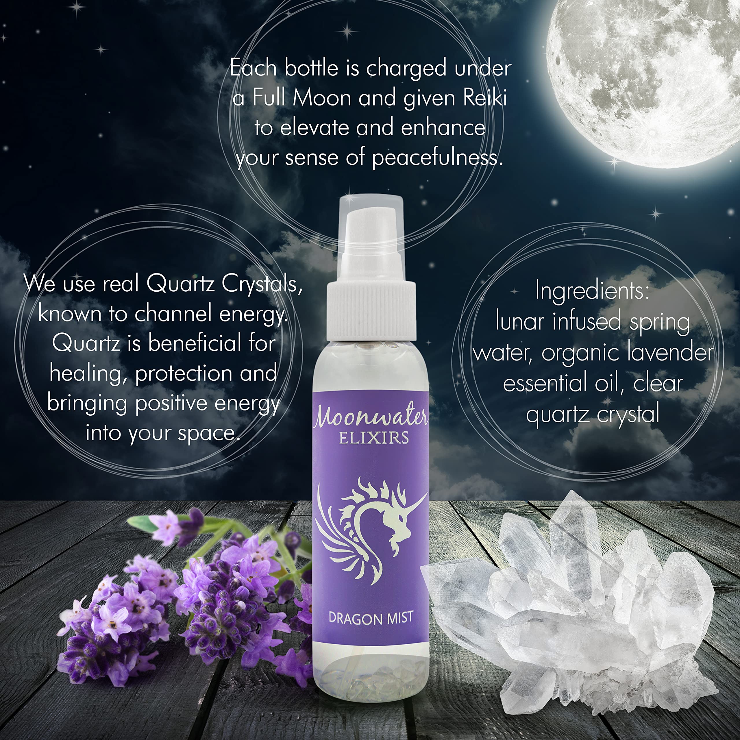 Moonwater Elixirs: brume lavande pleine lune recharge énergétique nocturne