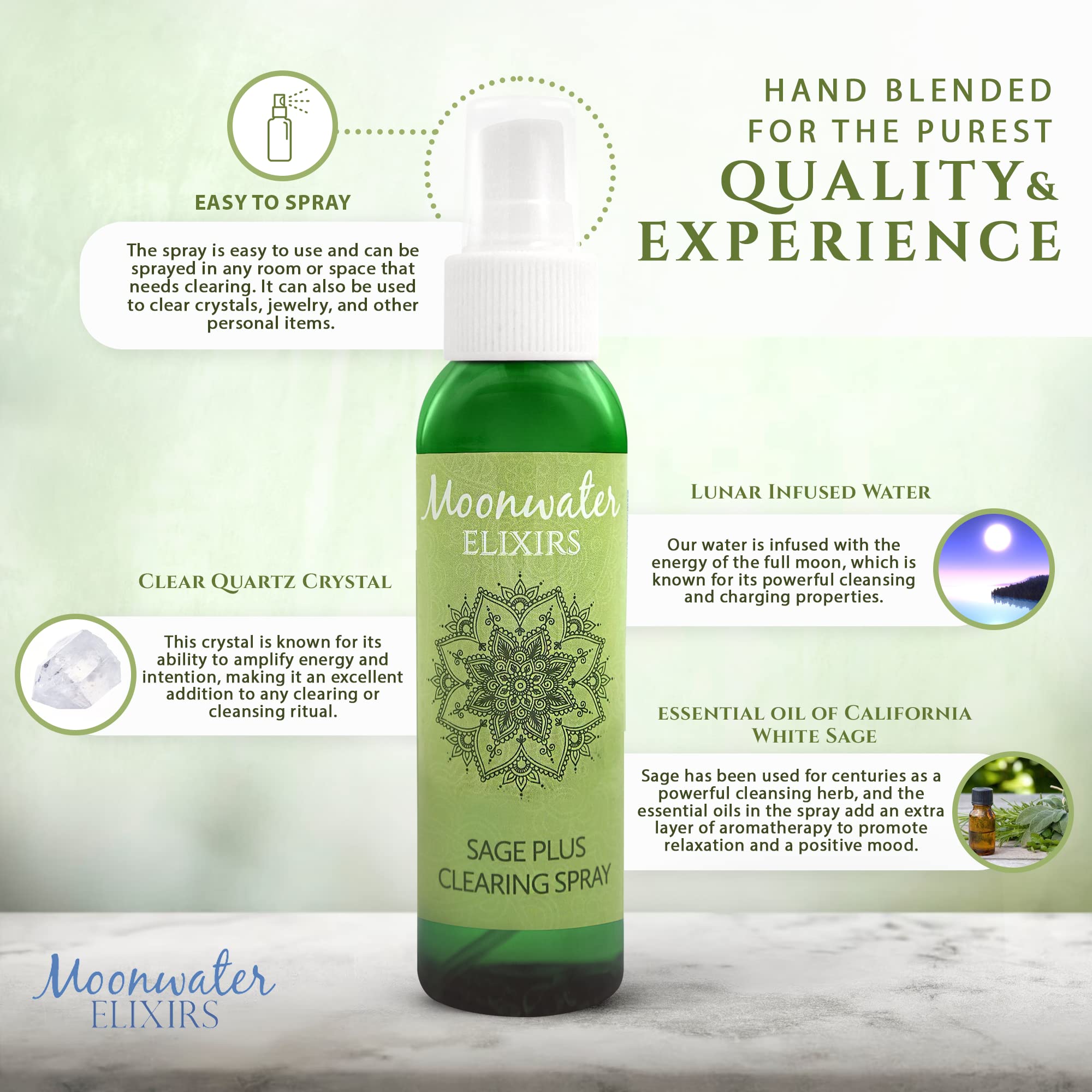 Moonwater Elixirs Nettoyage Aura Sauge Brume: clarifie l’aura et crée une atmosphère sereine.