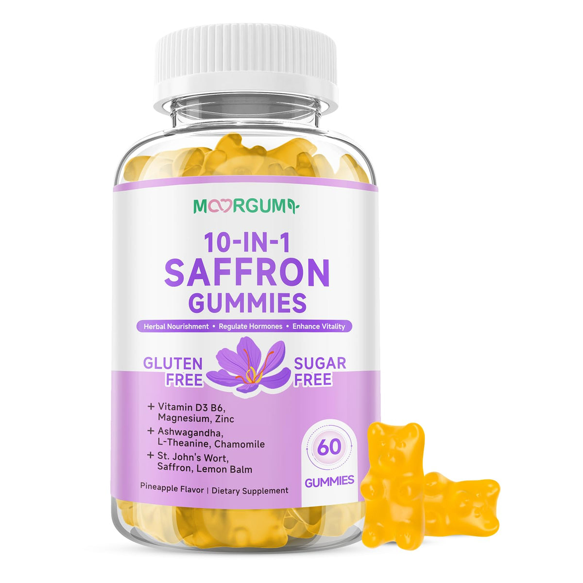 Gommes MOORGUMY au safran dans une bouteille, soutien potentiel à la concentration.
