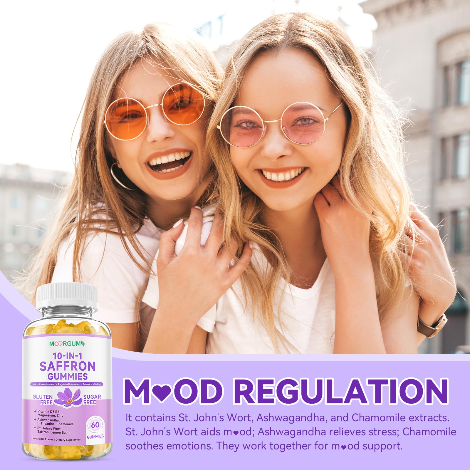 Ingrédients clés MOORGUMY gommes safran avec vitamine D3 et minéraux.