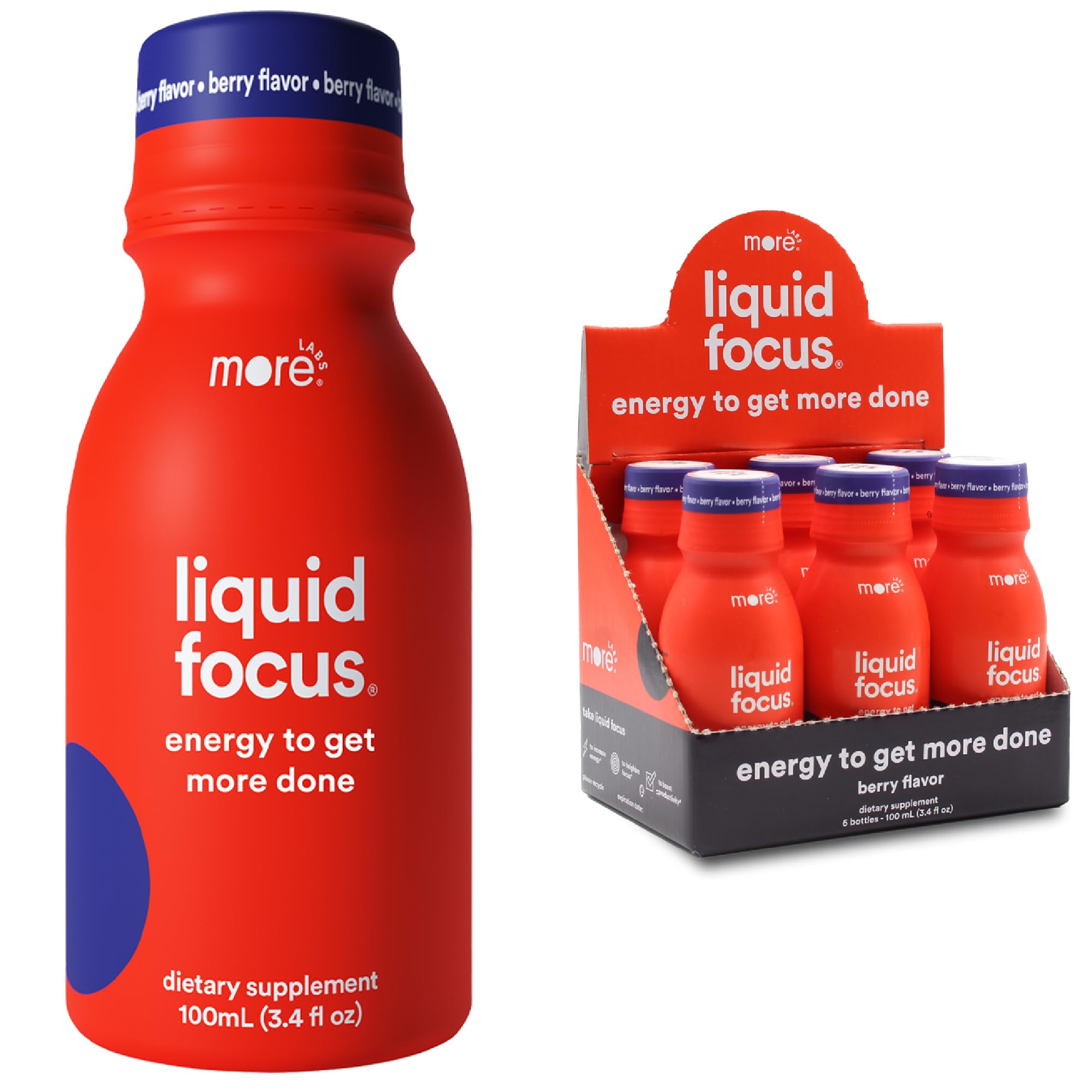 More Labs Liquid Focus: bouteille ouverte, énergie claire et concentration accrue.