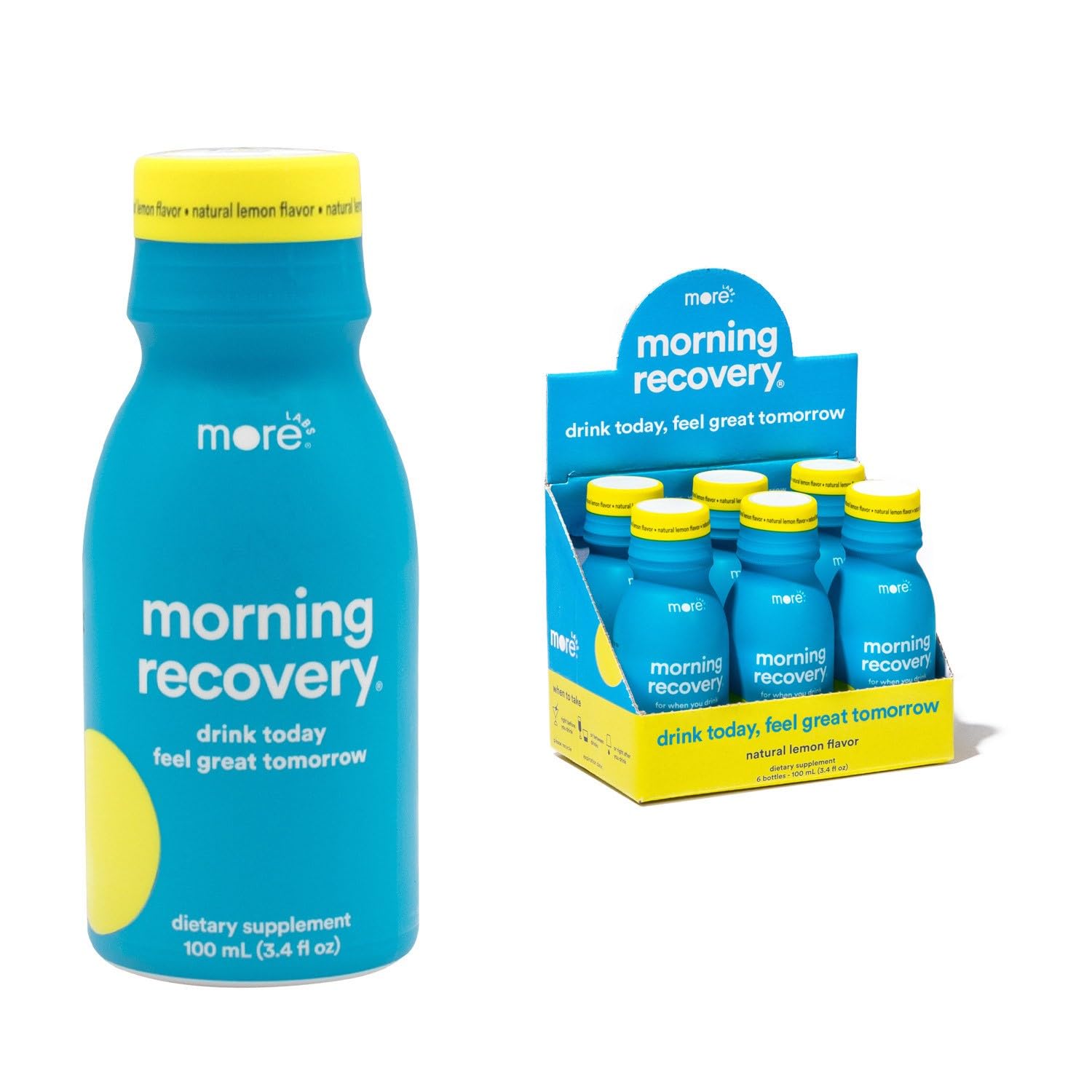 More Labs Morning Recovery, bouteille citron-original, favorise une hydratation rapide après soirée.