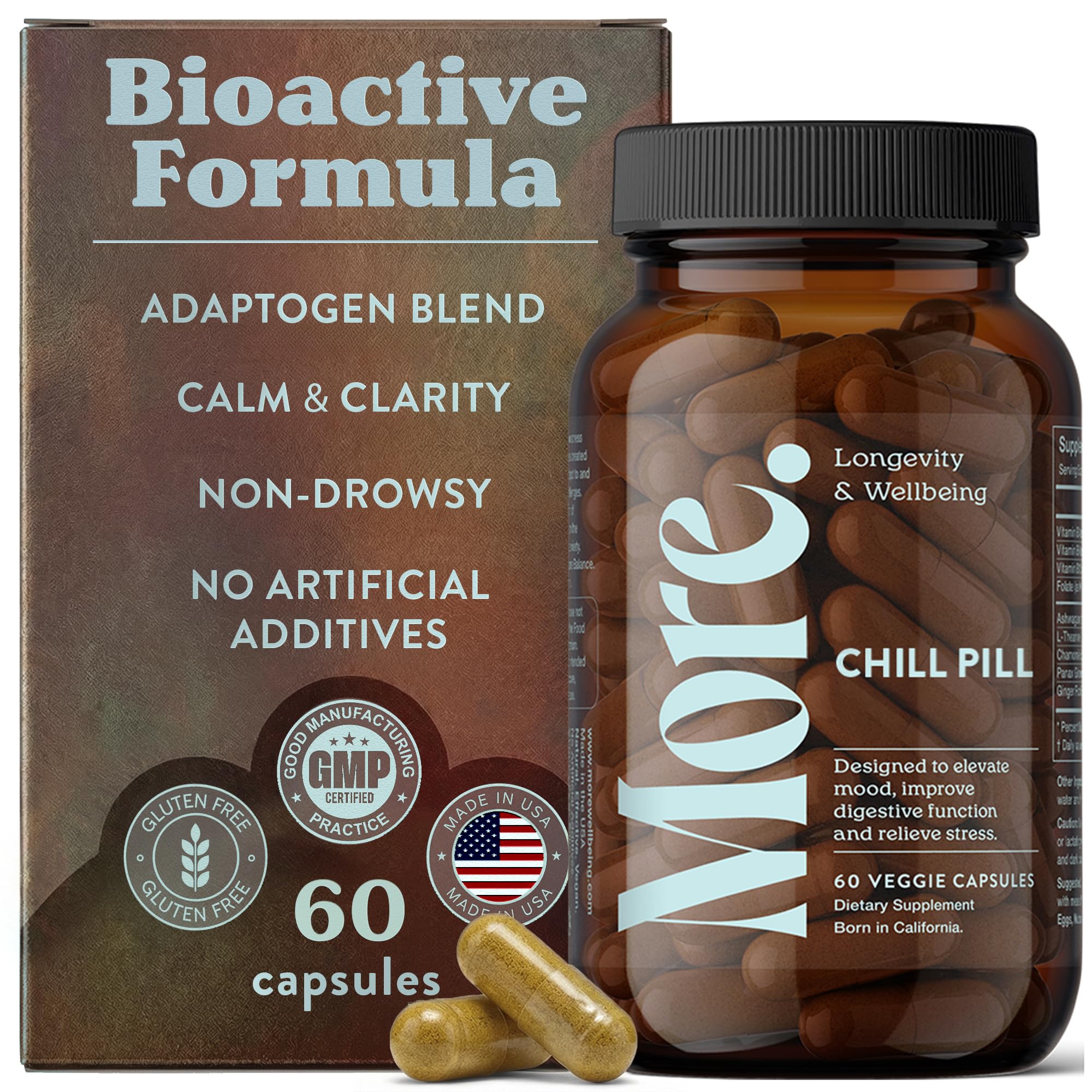 More Chill Pill: bouteille élégante favorisant la détente et le bien‑être.