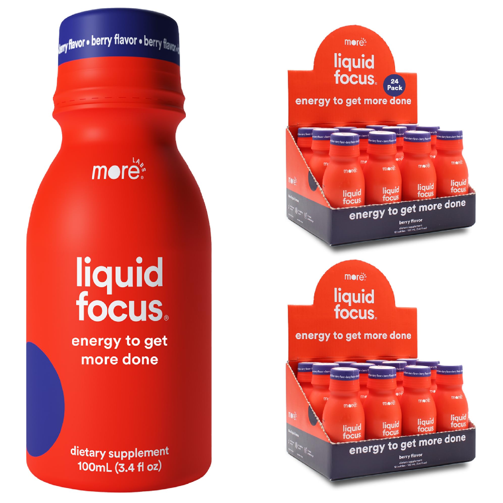 More Labs Liquid Focus, bouteille ouverte sur bureau, concentration accrue possible.