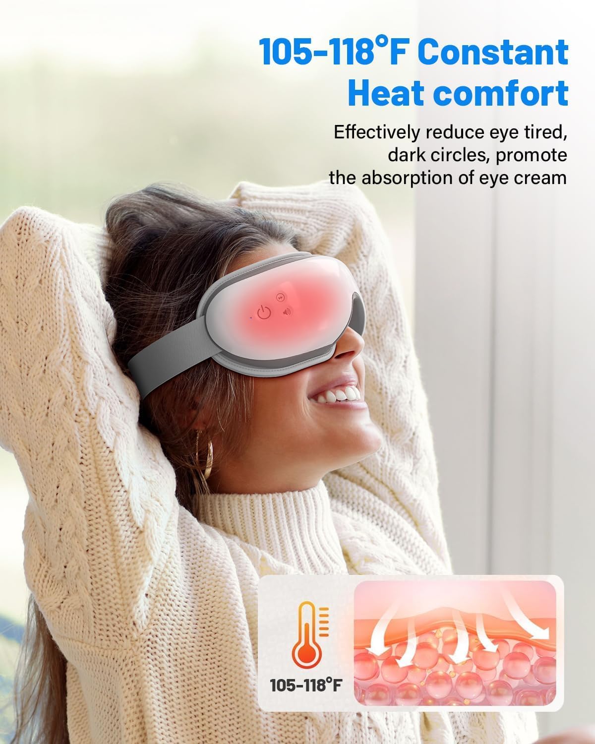Morelax Masseur Yeux: pression d’air et vibrations pour soulager la fatigue visuelle.