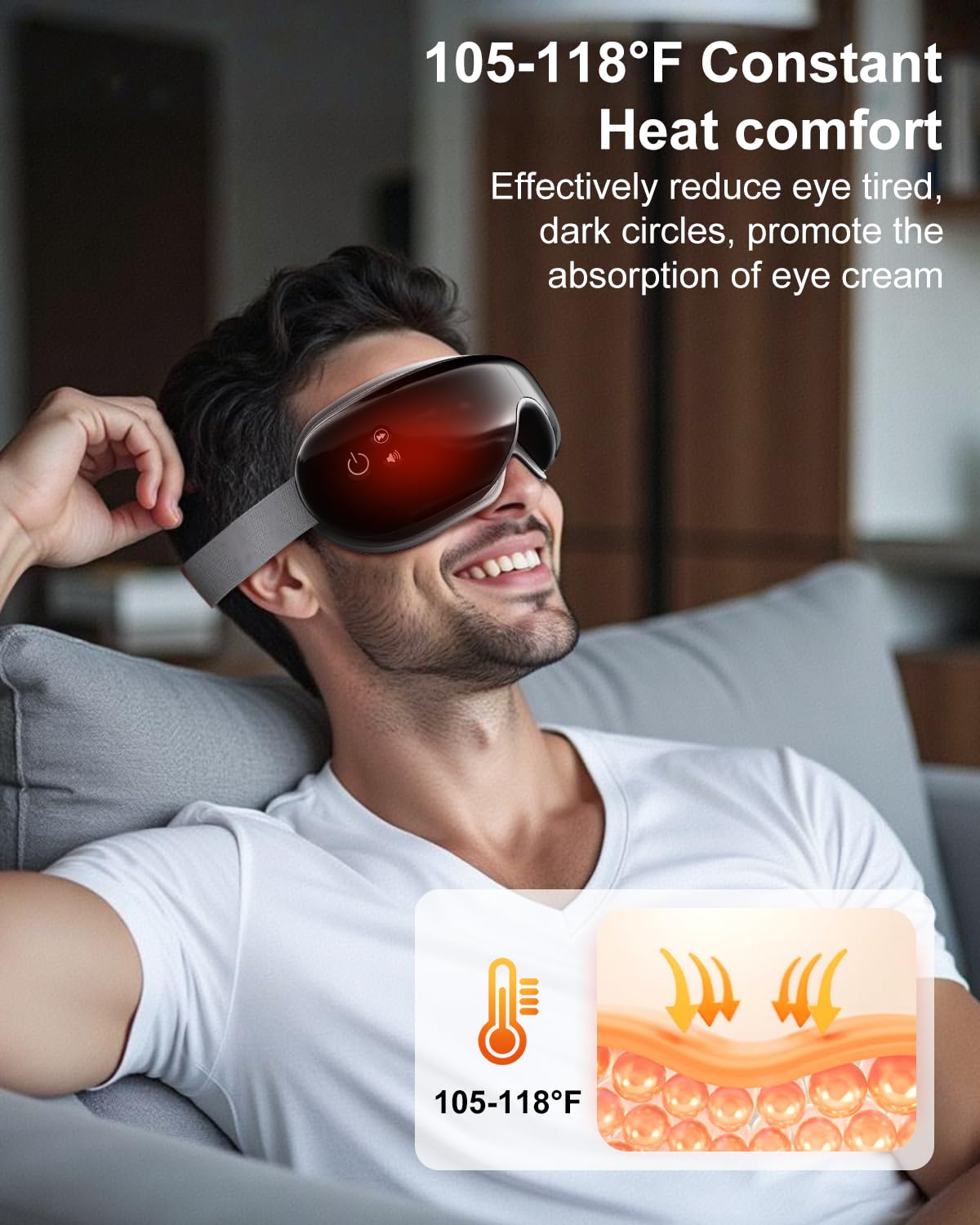 Morelax masseur oculaire en mains, confort à domicile.