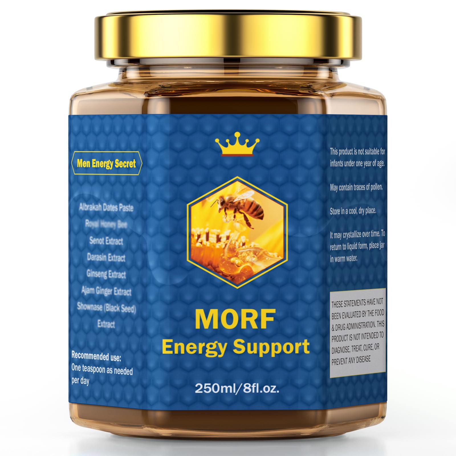 MORF Energy Support miel brut dans un pot en verre, saveur naturelle et pureté.