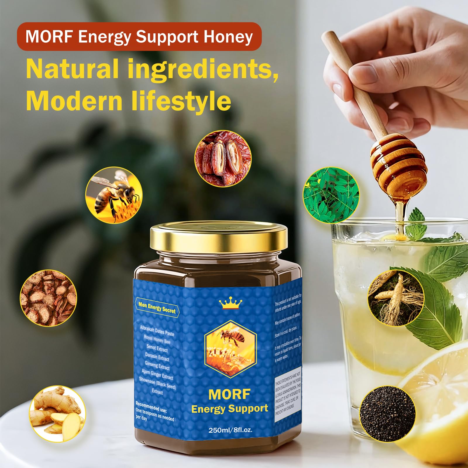 MORF Energy Support miel et pâte de dattes dans le pot en verre.