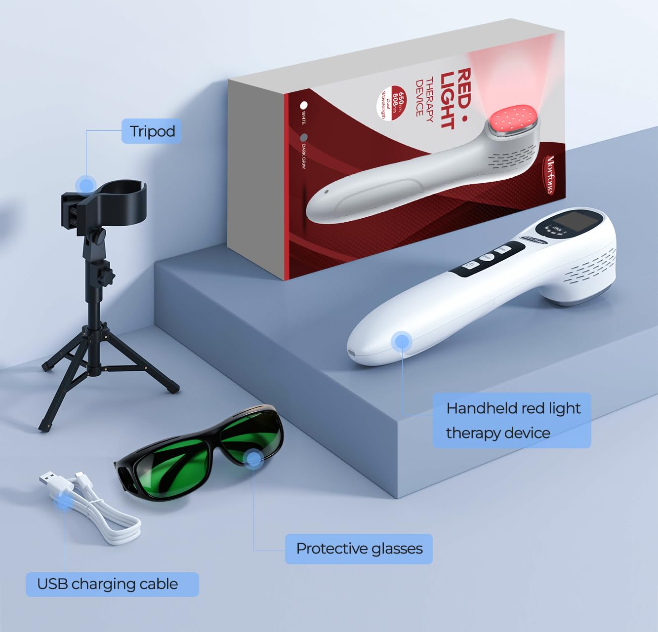 Morfone support pliable et poignée légère facilitant l'utilisation sur bureau ou sol.