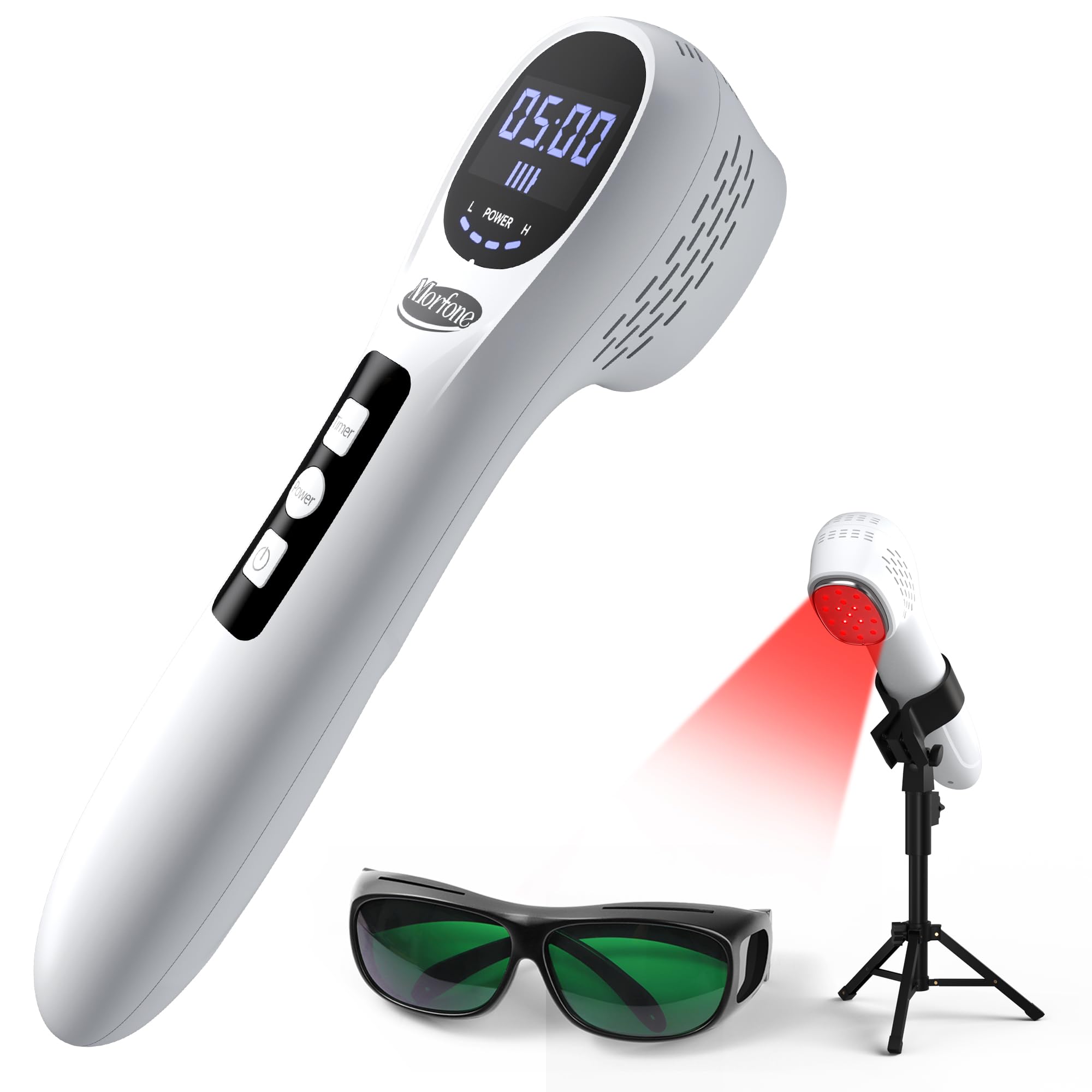 Morfone thérapie lumière rouge en main avec support pour sessions mains libres.
