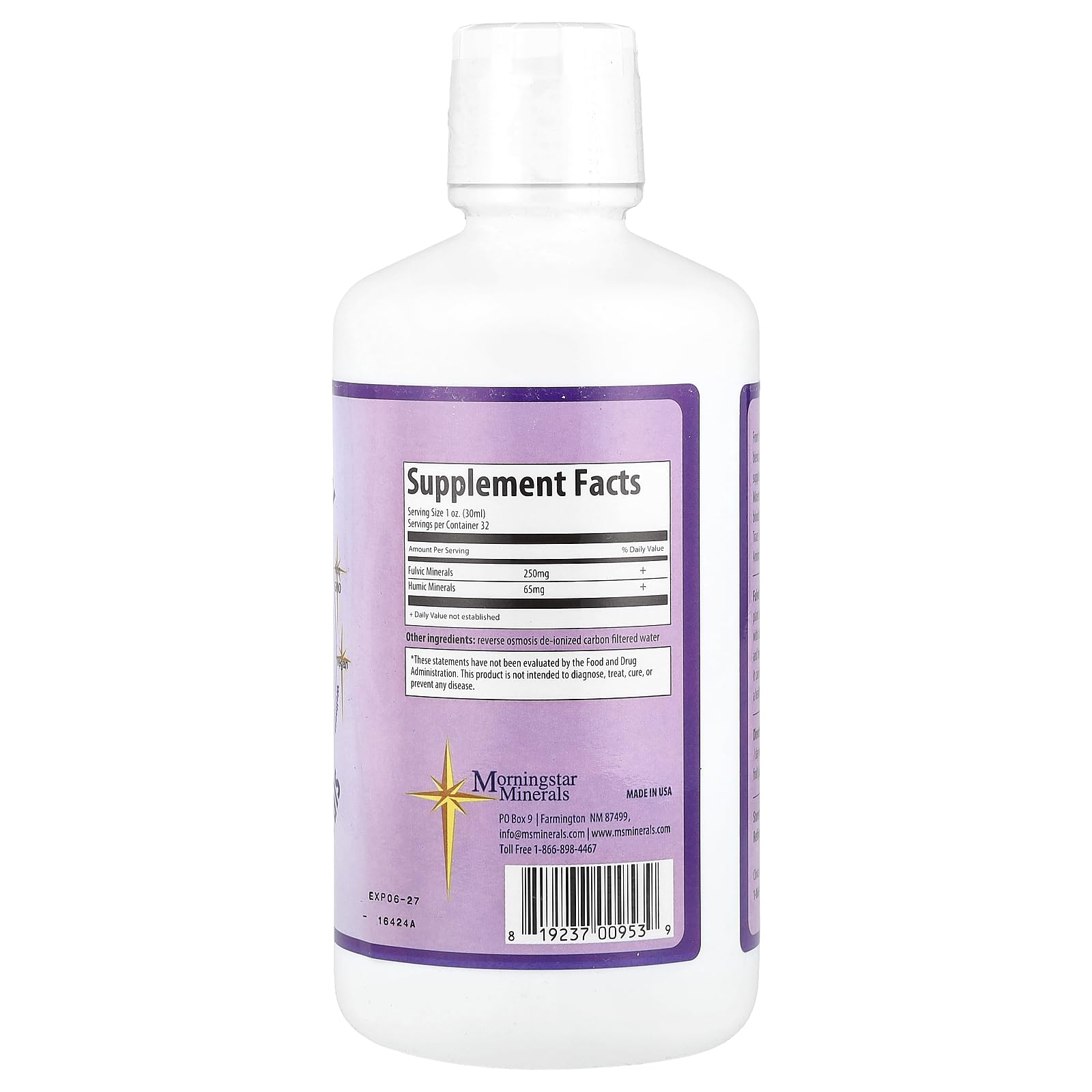 Inner Vitality Morningstar Minerals : étiquette du produit avec formulation fulvic et humique pour absorption.