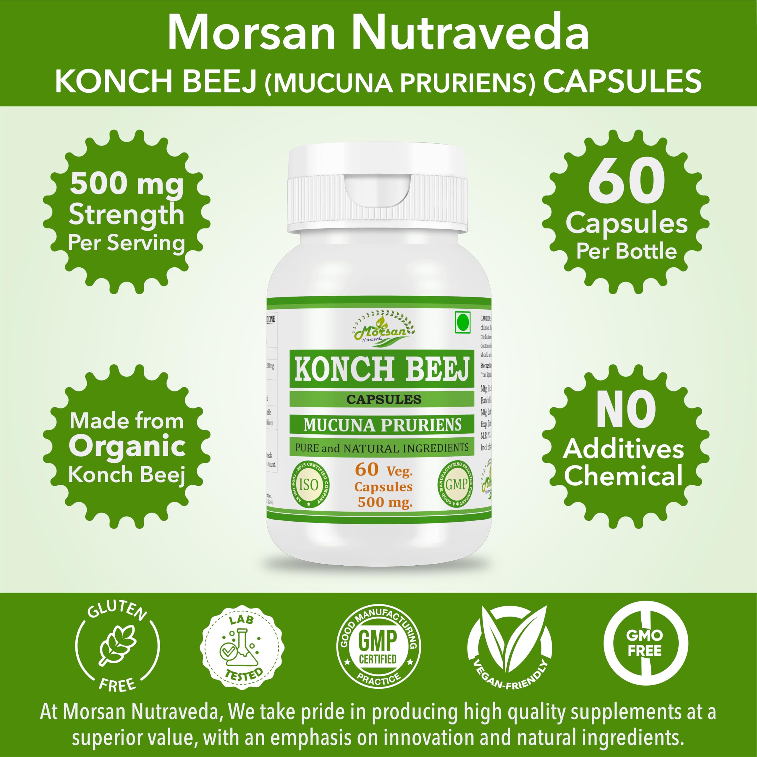 Étiquette claire Morsan Nutraveda Kaunch Beej sans colorants artificiels.