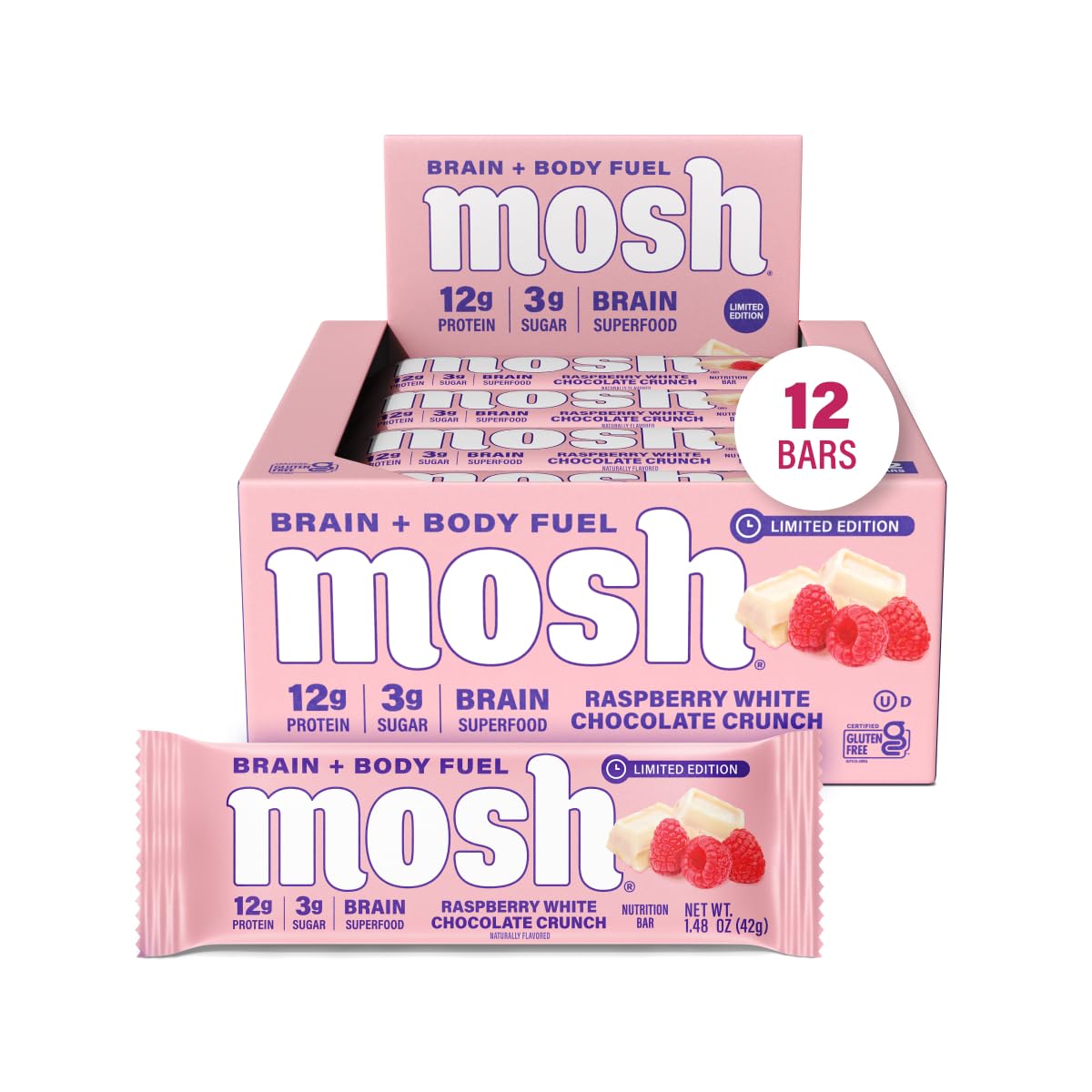 Barre MOSH framboise et chocolat blanc, croquant énergisant pour la journée.