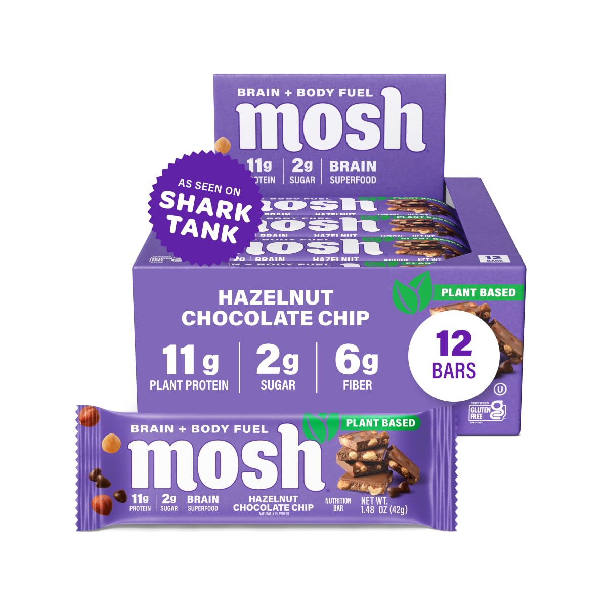 Barre MOSH végan noisette pepites chocolat emballage, snack pratique pour énergie durable.