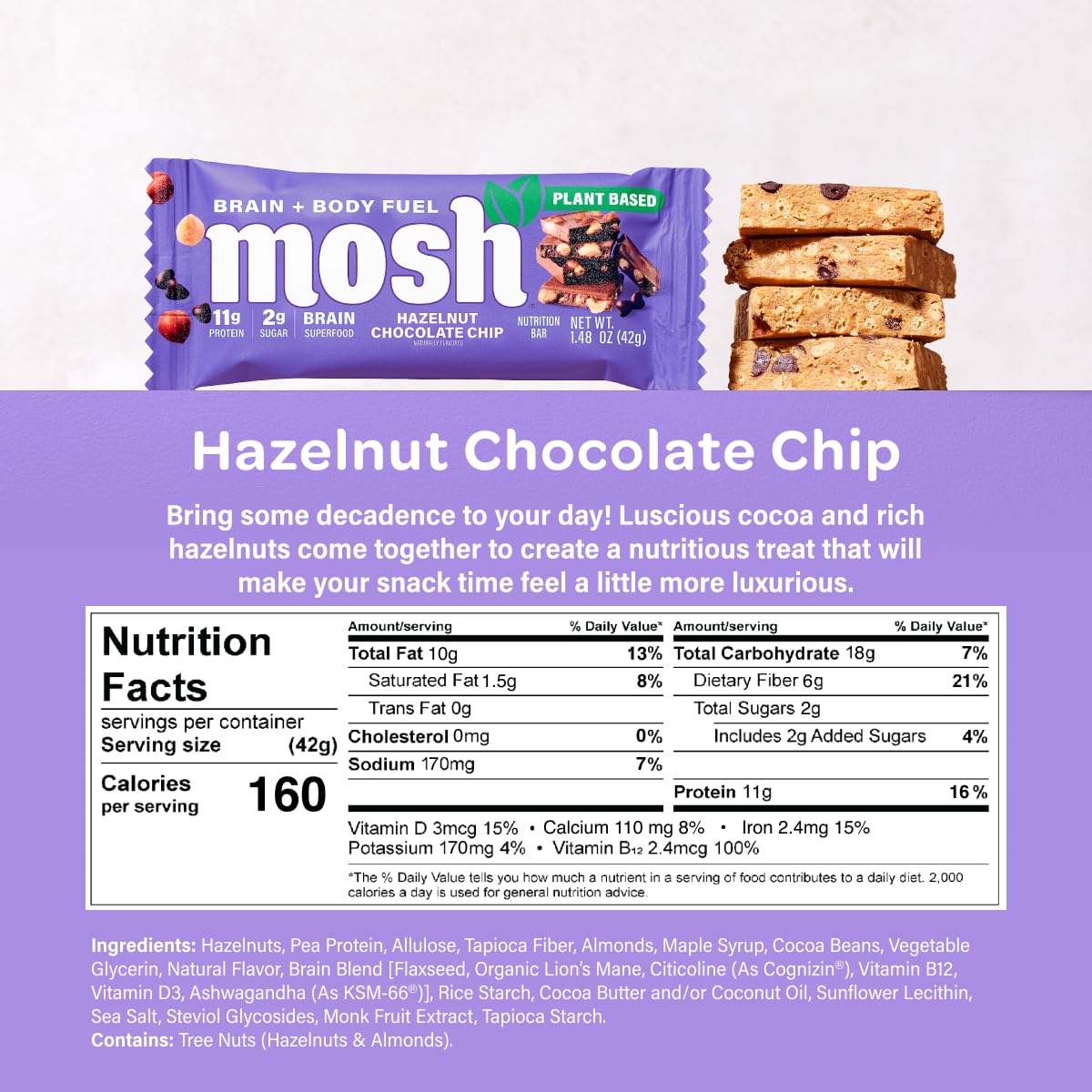 Barre MOSH végan noisette pepites chocolat texture finement croquante, plaisir gourmand.