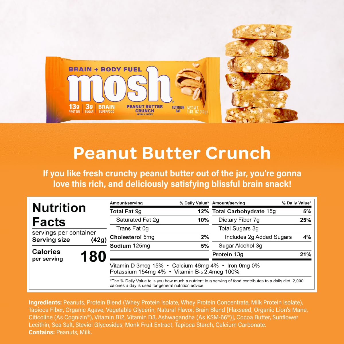 Barres MOSH keto noisette chocolat, texture croquante.