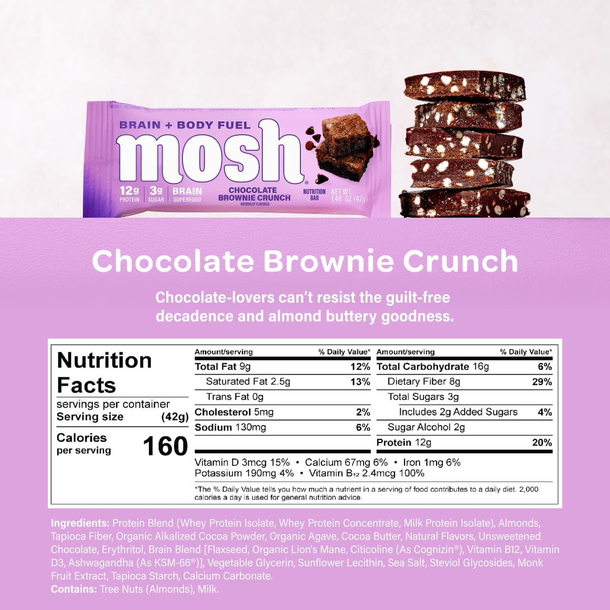 Barres MOSH vegan protéines élevées, snack nourrissant.