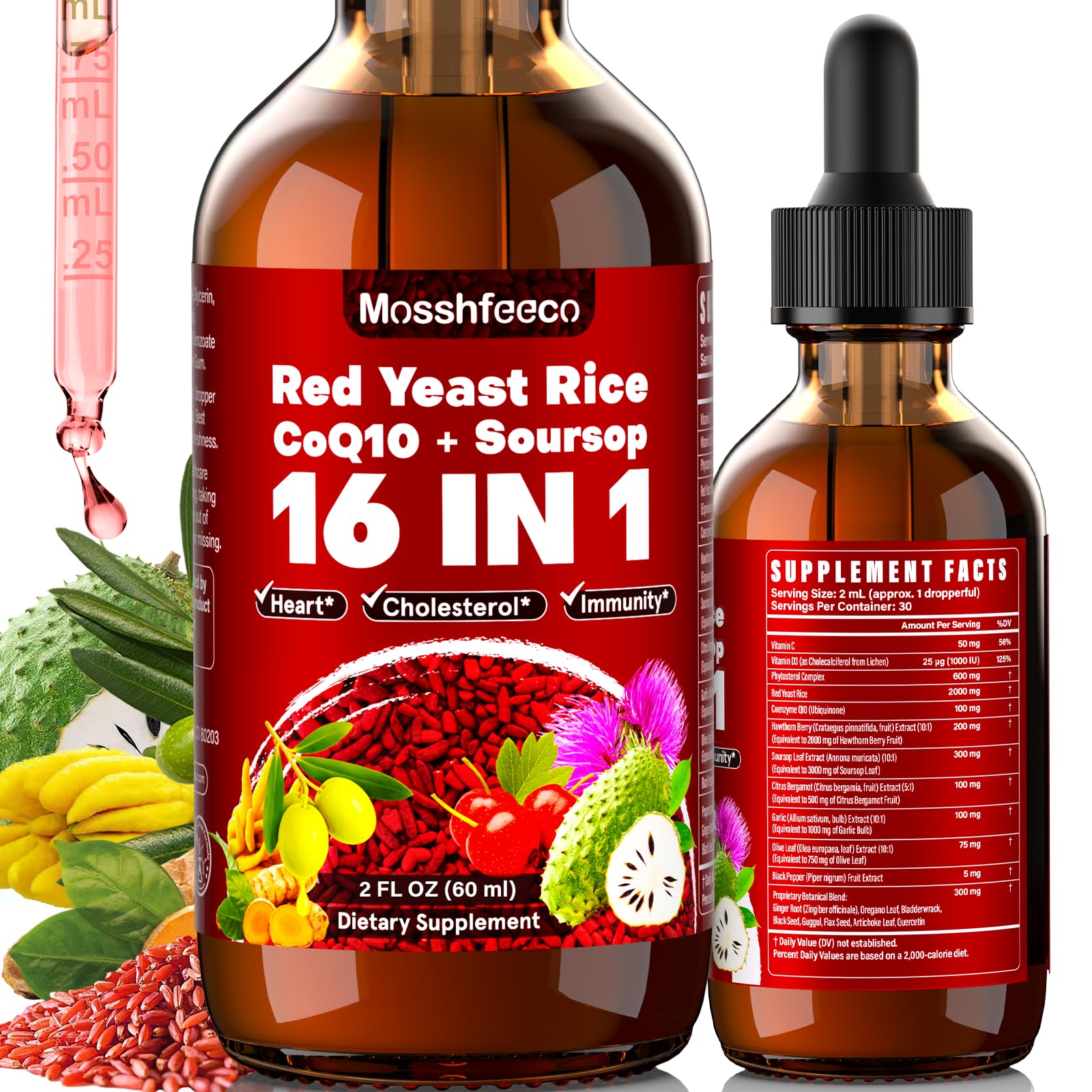 MOSSHFEECO gouttes de levure rouge dans une bouteille, soutien cholestérol potentiel