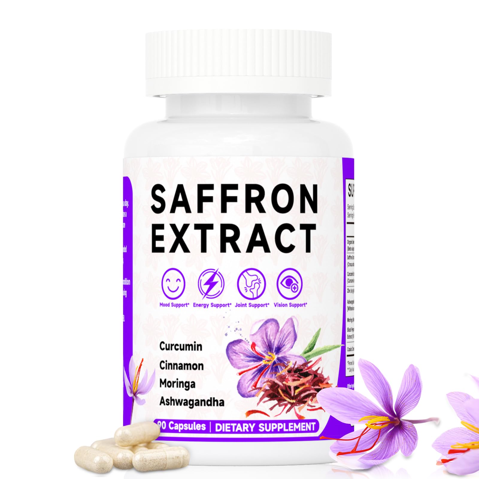 Mosslly Happy Saffron : bouteille affichant le complément pour l'humeur et l'énergie.