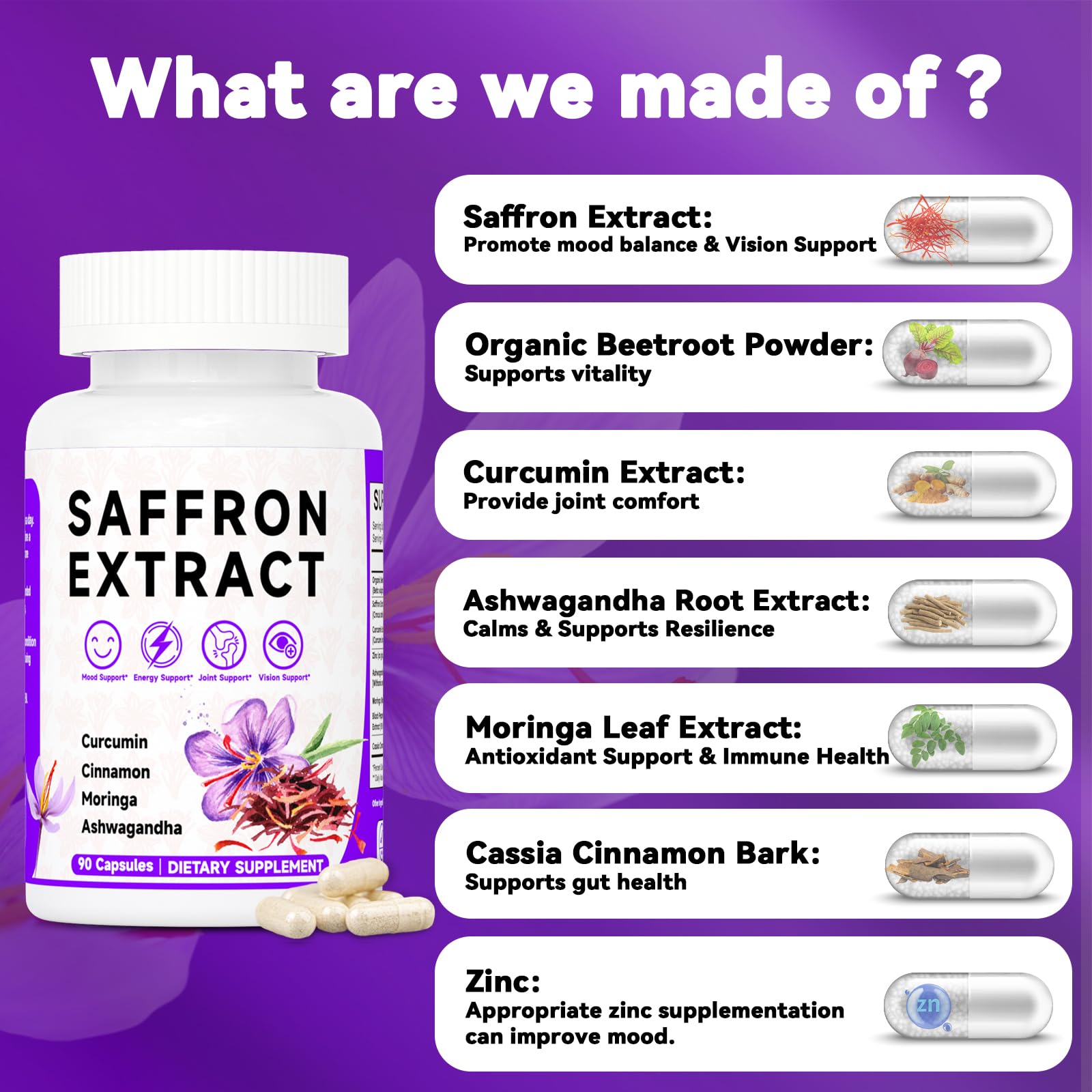Mosslly Happy Saffron : ingrédients safran, curcuma et ashwagandha pour une synergie.