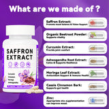 Mosslly Happy Saffron : ingrédients safran, curcuma et ashwagandha pour une synergie.