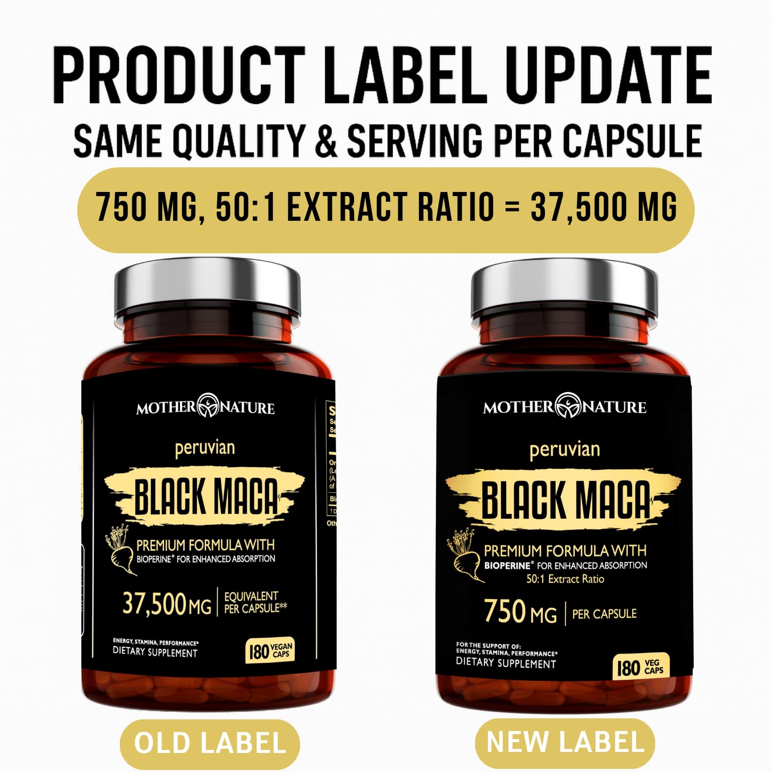 Capsules Mother Nature Organics Maca noire sur étui, soutien quotidien d'énergie et humeur.