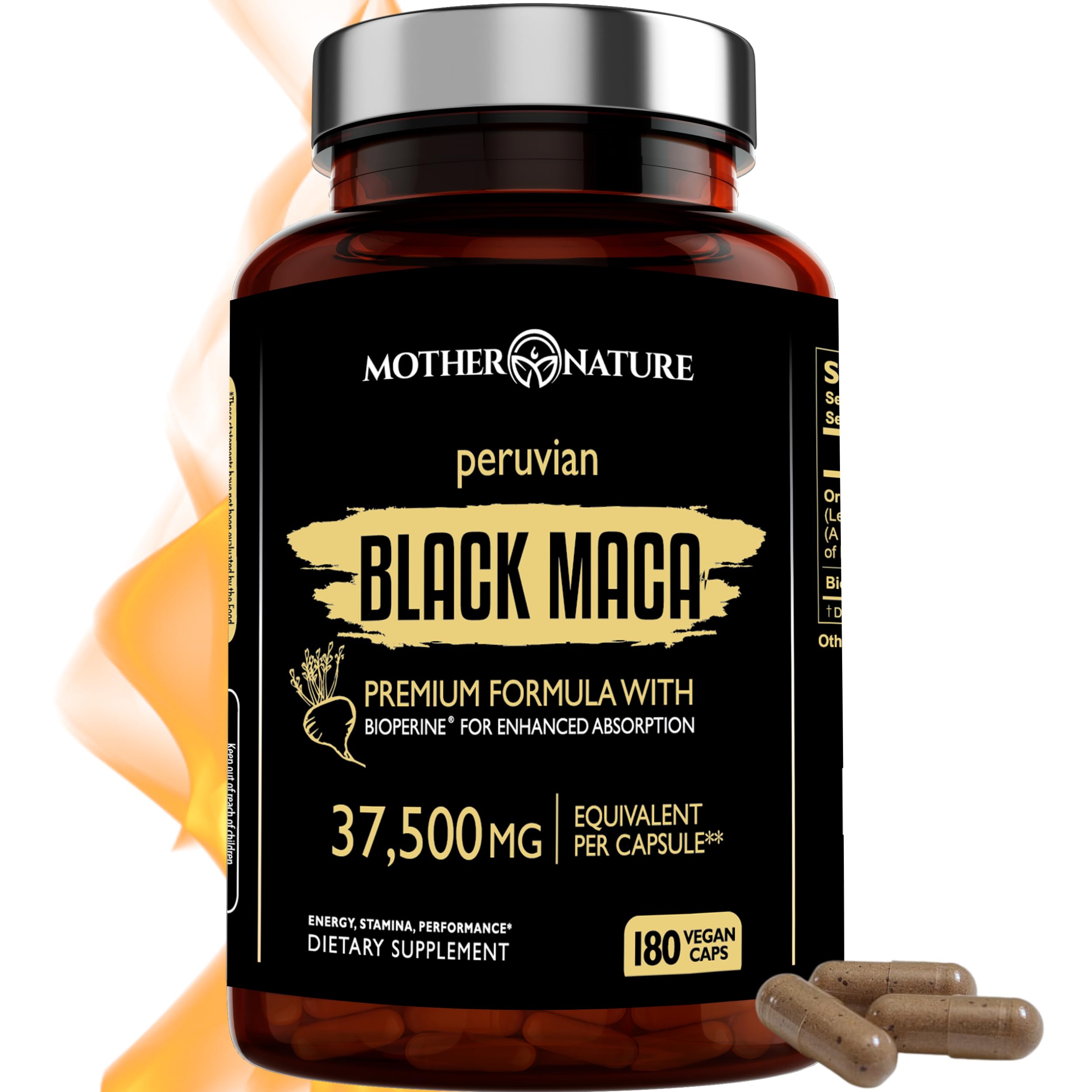 Mother Nature Organics Maca noire extrait 50:1 sur flacon, énergie quotidienne.