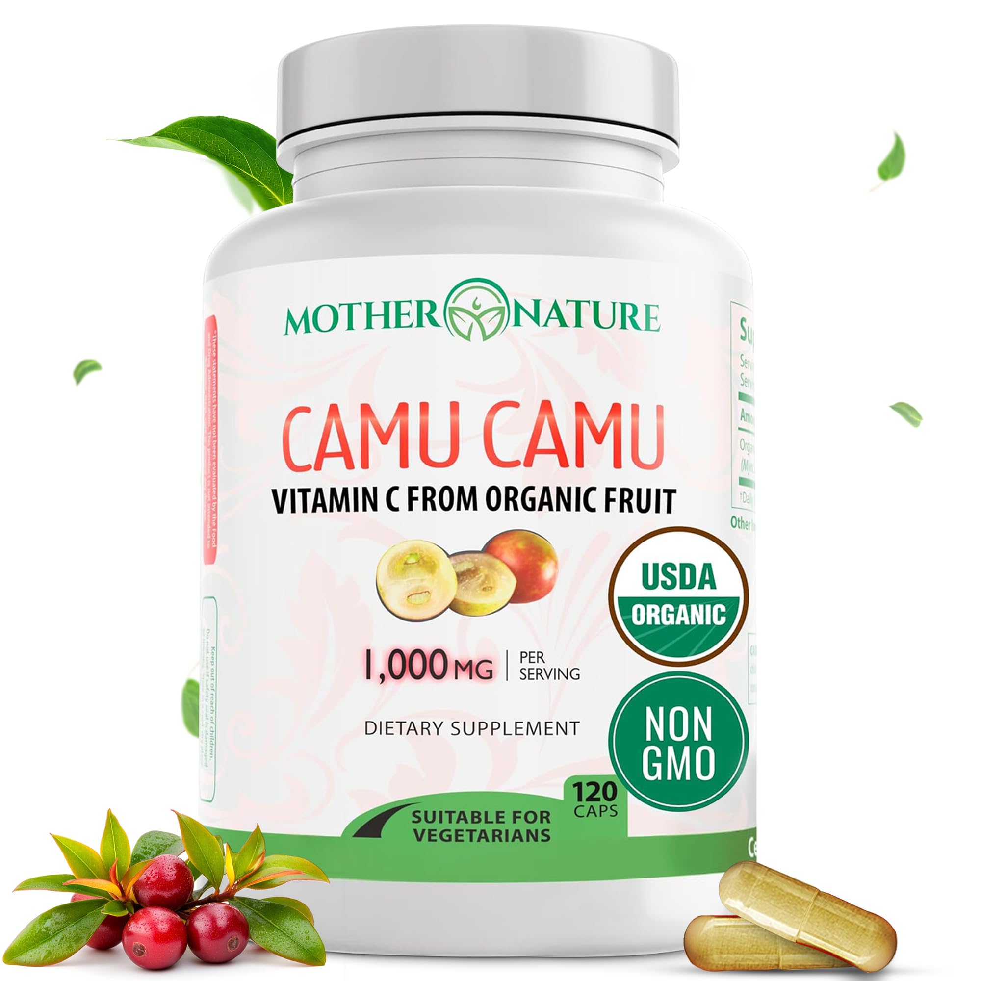 Capsules Camu Camu Mother Nature Organics dans une bouteille, soutien potentiel immunitaire.