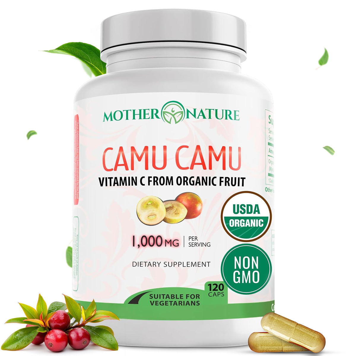 Capsules Camu Camu Mother Nature Organics dans une bouteille, soutien potentiel immunitaire.