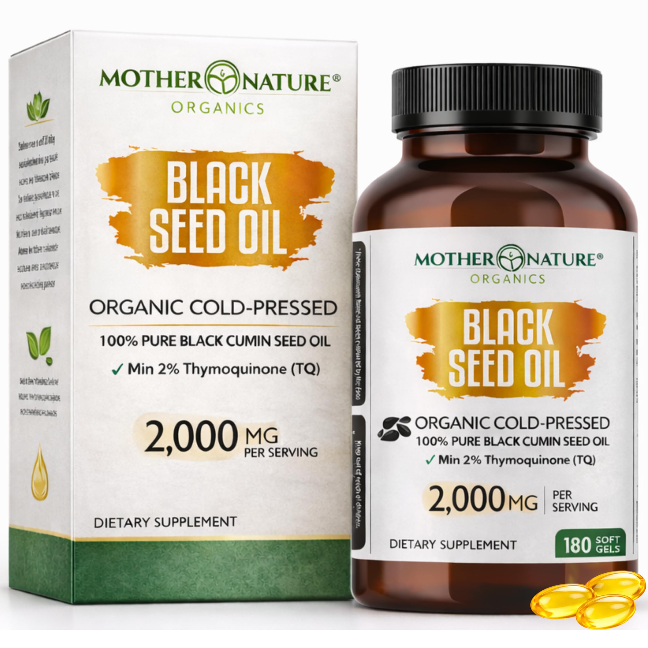 Mother Nature Organics capsules huile-graines-noires, flacon pratique pour le quotidien.