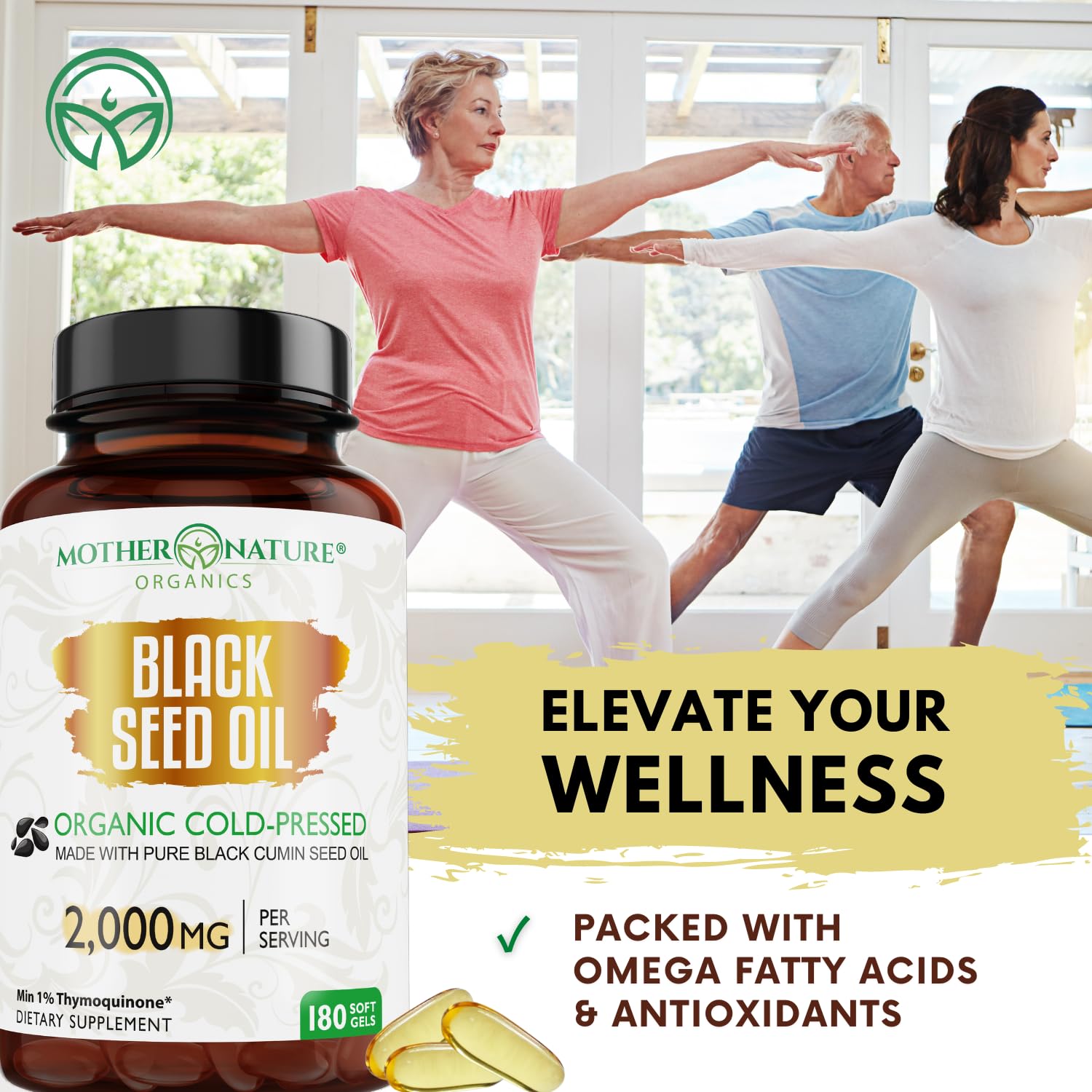 Mother Nature Organics capsules huile-graines-noires, formulation riche en acides gras essentiels.