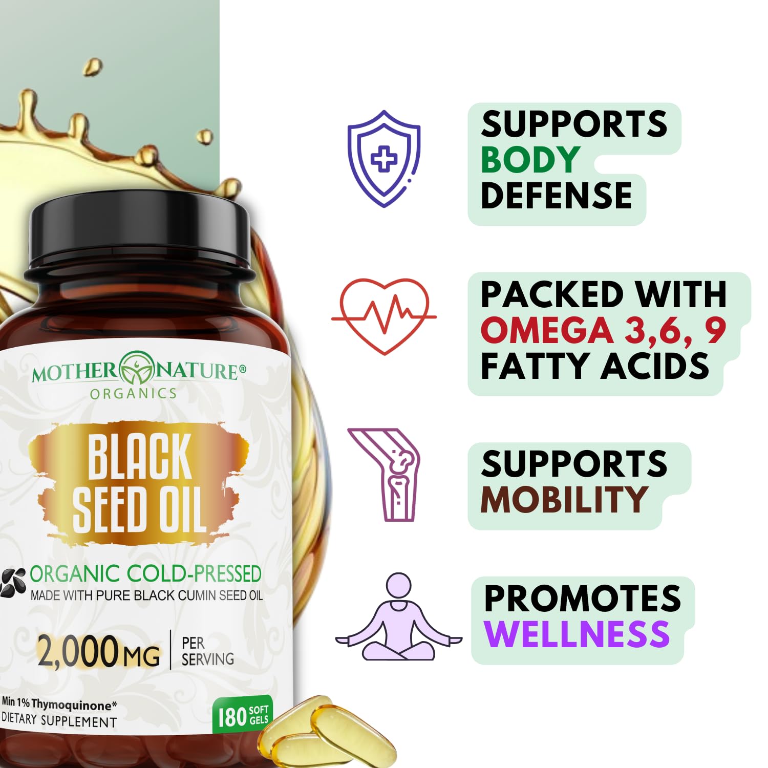 Mother Nature Organics capsules huile-graines-noires, gélules pures et sans solvants.