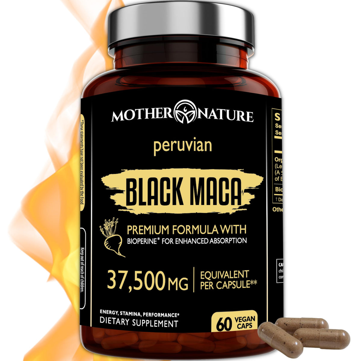 Mother Nature Organics Maca Noire, bouteille 50:1, soutien potentiel énergie naturelle.