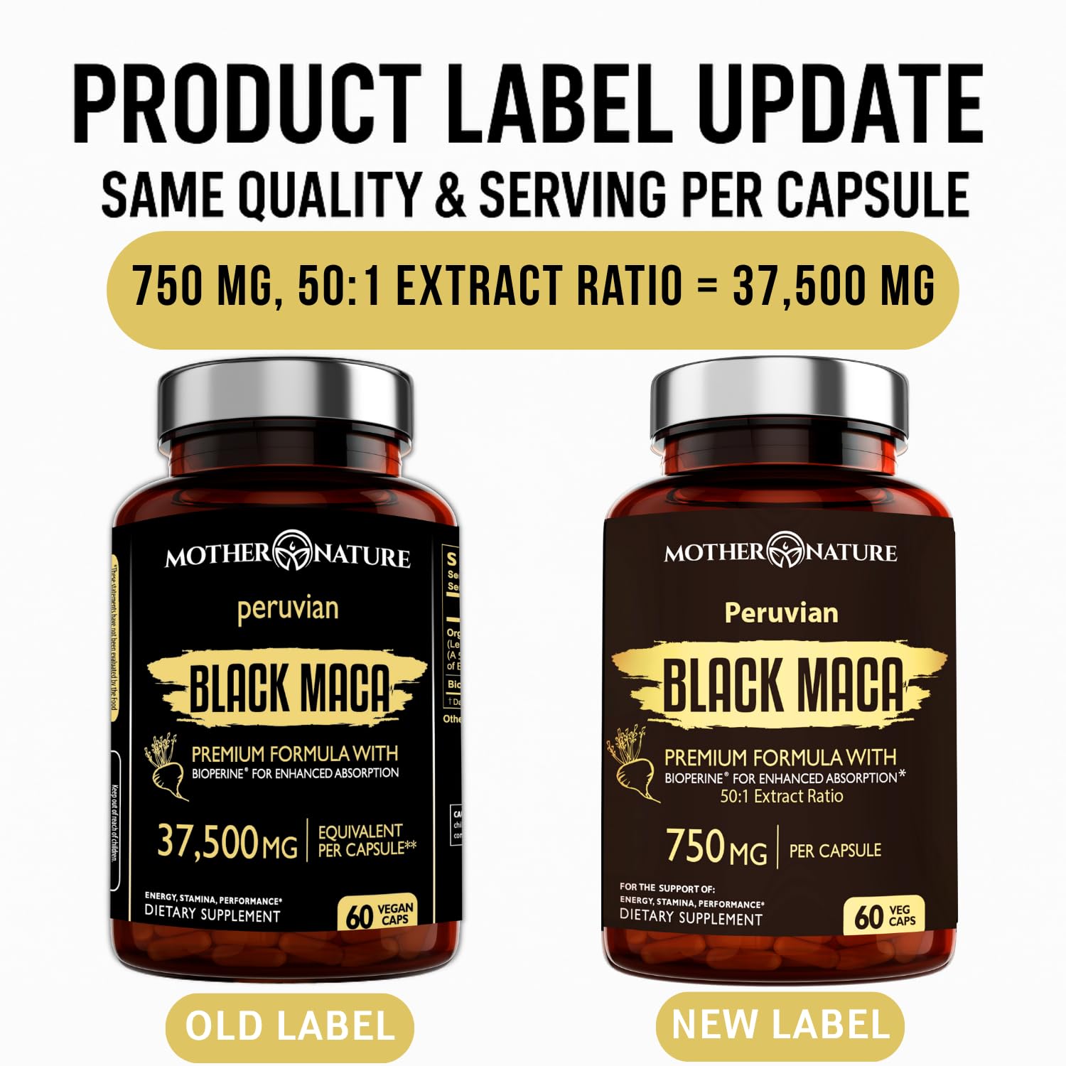 Étiquette du Maca Noire 50:1 de Mother Nature Organics, bio et sans OGM.