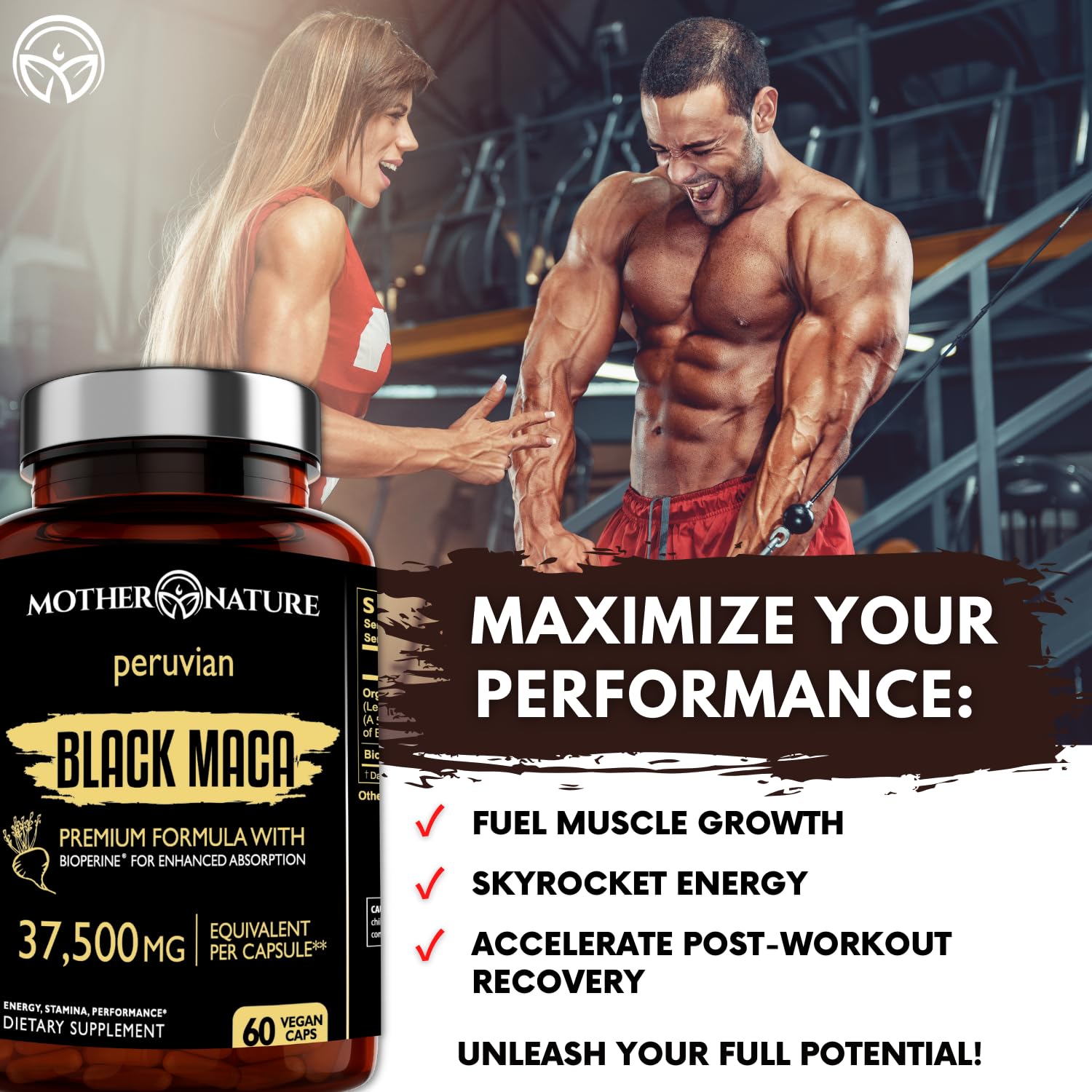 Capsules Maca Noire de Mother Nature Organics, soutien endurance et vitalité.