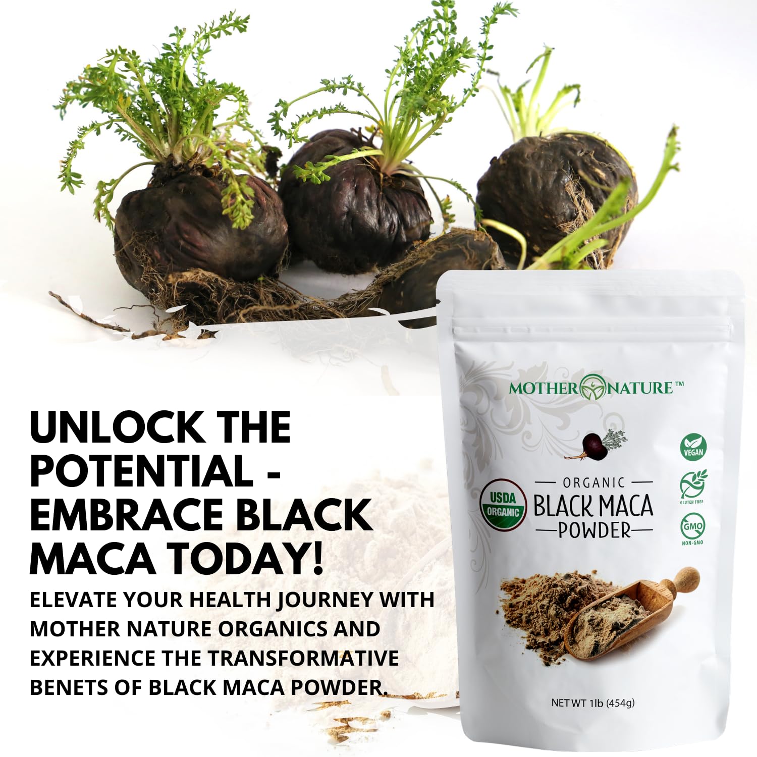 Mother Nature Organics Maca noire poudre, idéale pour desserts et boissons riches.