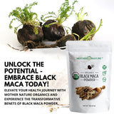 Mother Nature Organics Maca noire poudre, idéale pour desserts et boissons riches.