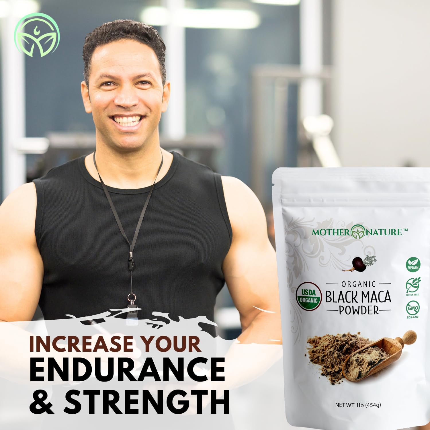 Mother Nature Organics Maca noire en poudre avec cuillère-dose, pratique pour smoothies matinaux.