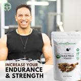 Mother Nature Organics Maca noire en poudre avec cuillère-dose, pratique pour smoothies matinaux.