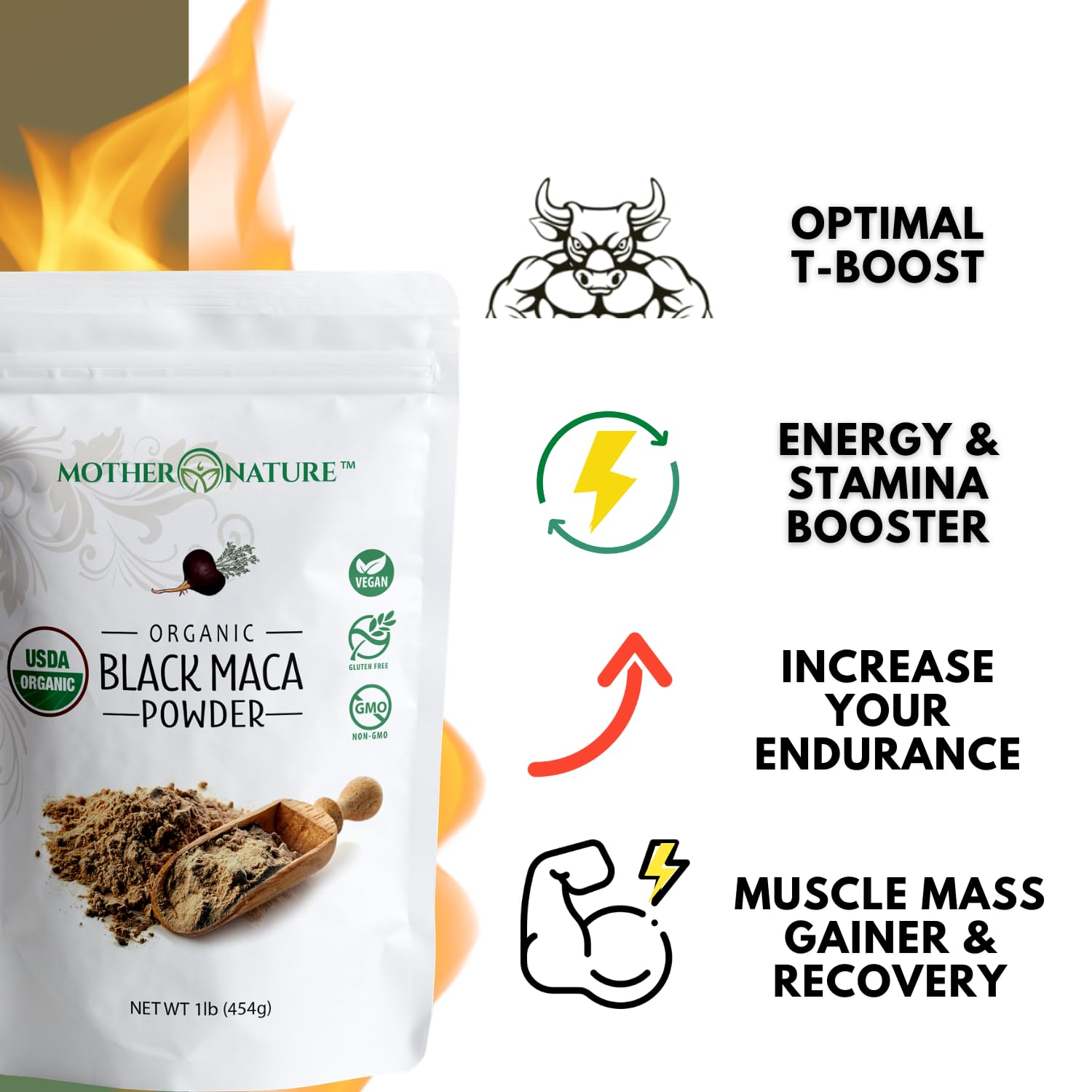 Mother Nature Organics Maca noire en poudre dans bol petit-déjeuner, texture fine et rassasiante.