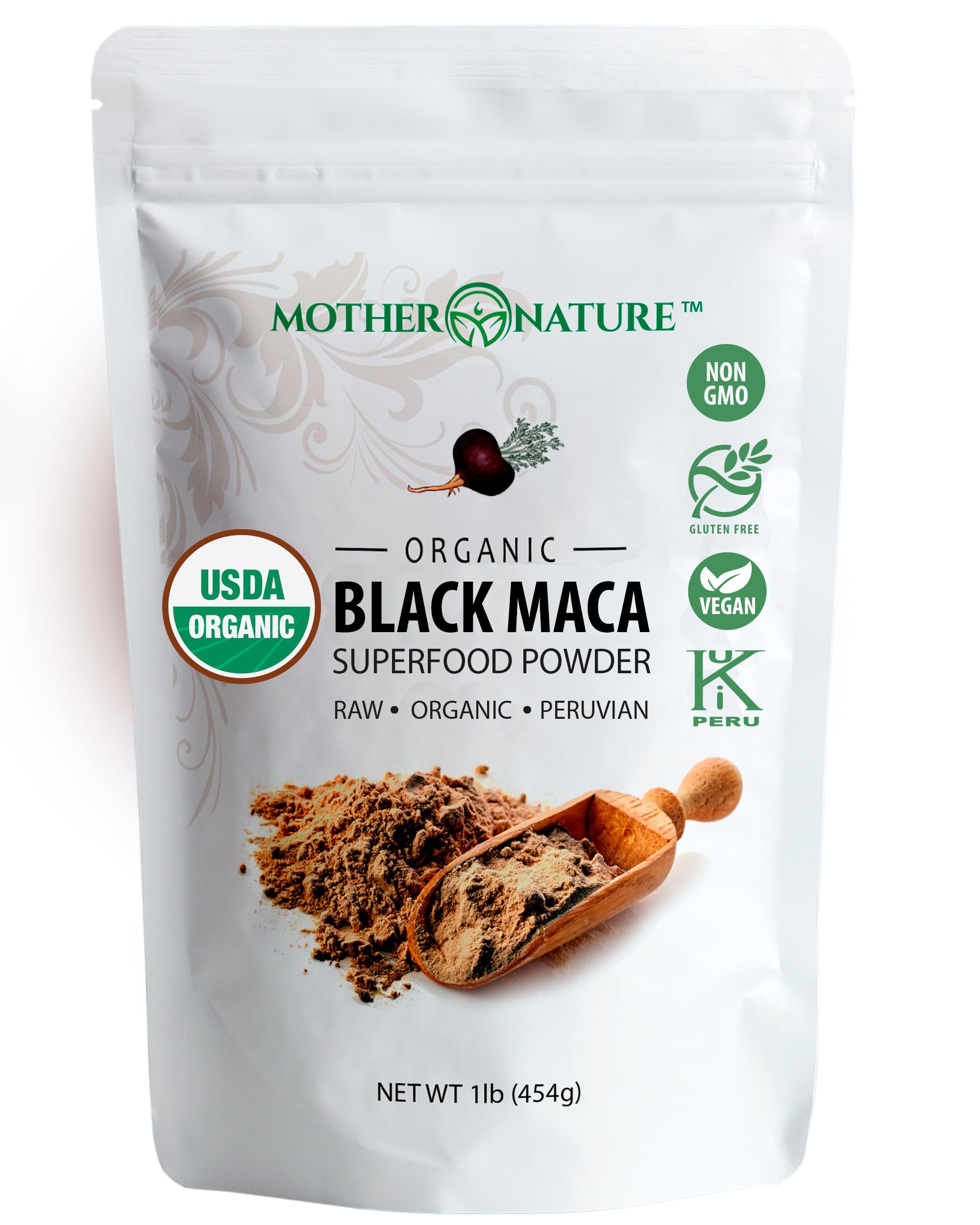 Mother Nature Organics Maca noire en poudre, énergie naturelle pour l’entraînement.