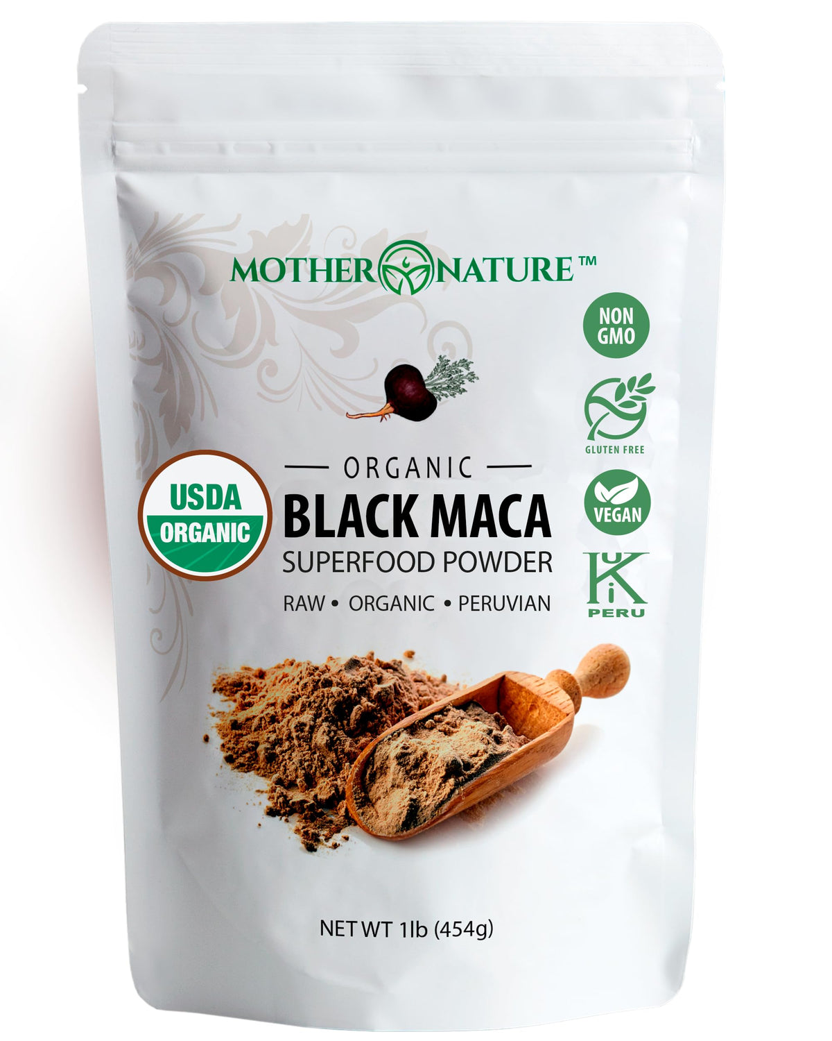 Mother Nature Organics Maca noire en poudre, énergie naturelle pour l’entraînement.