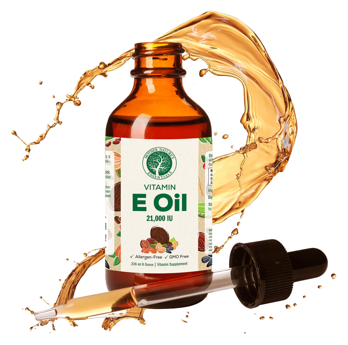 Mother Nature's Essentials Vitamine E en bouteille, usage quotidien facilité.