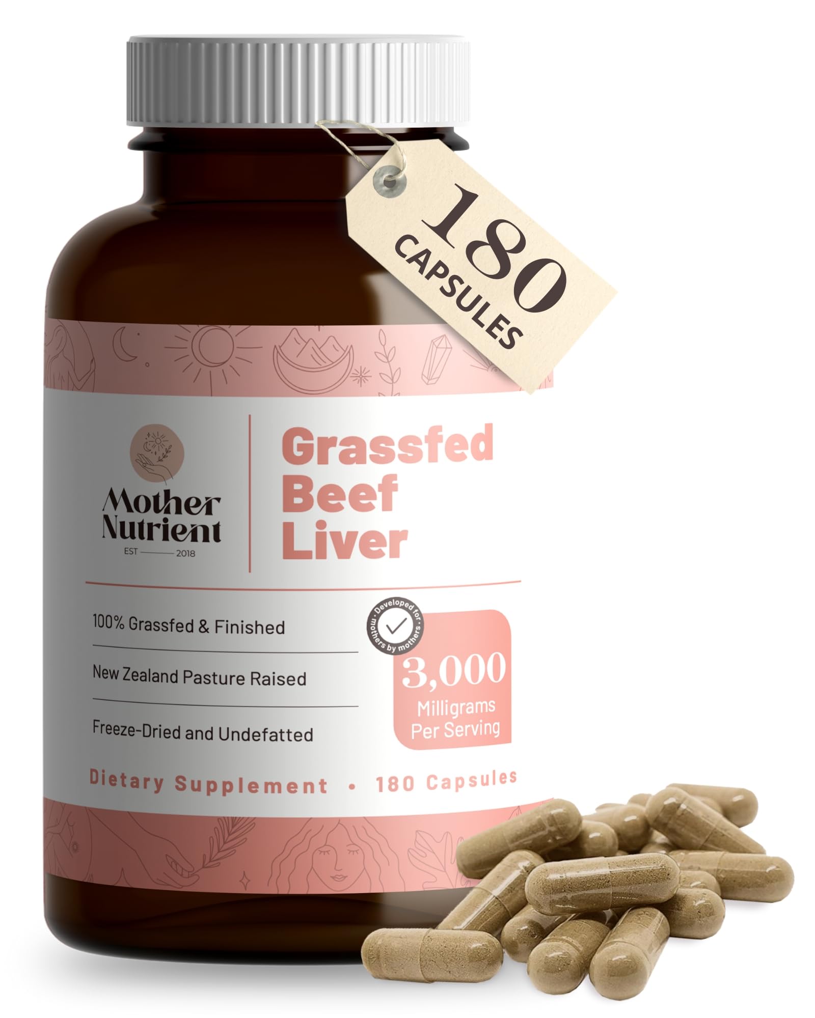 Bouteille Mother Nutrient avec capsules foie de boeuf, cadre naturel, pratique pour l'apport quotidien.