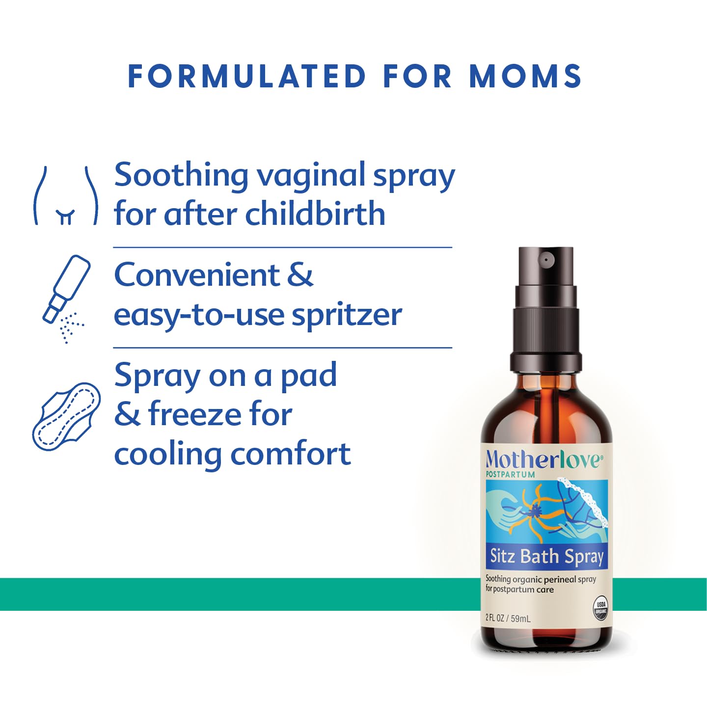 Étiquette du spray bain de siège Motherlove avec détails des ingrédients naturels