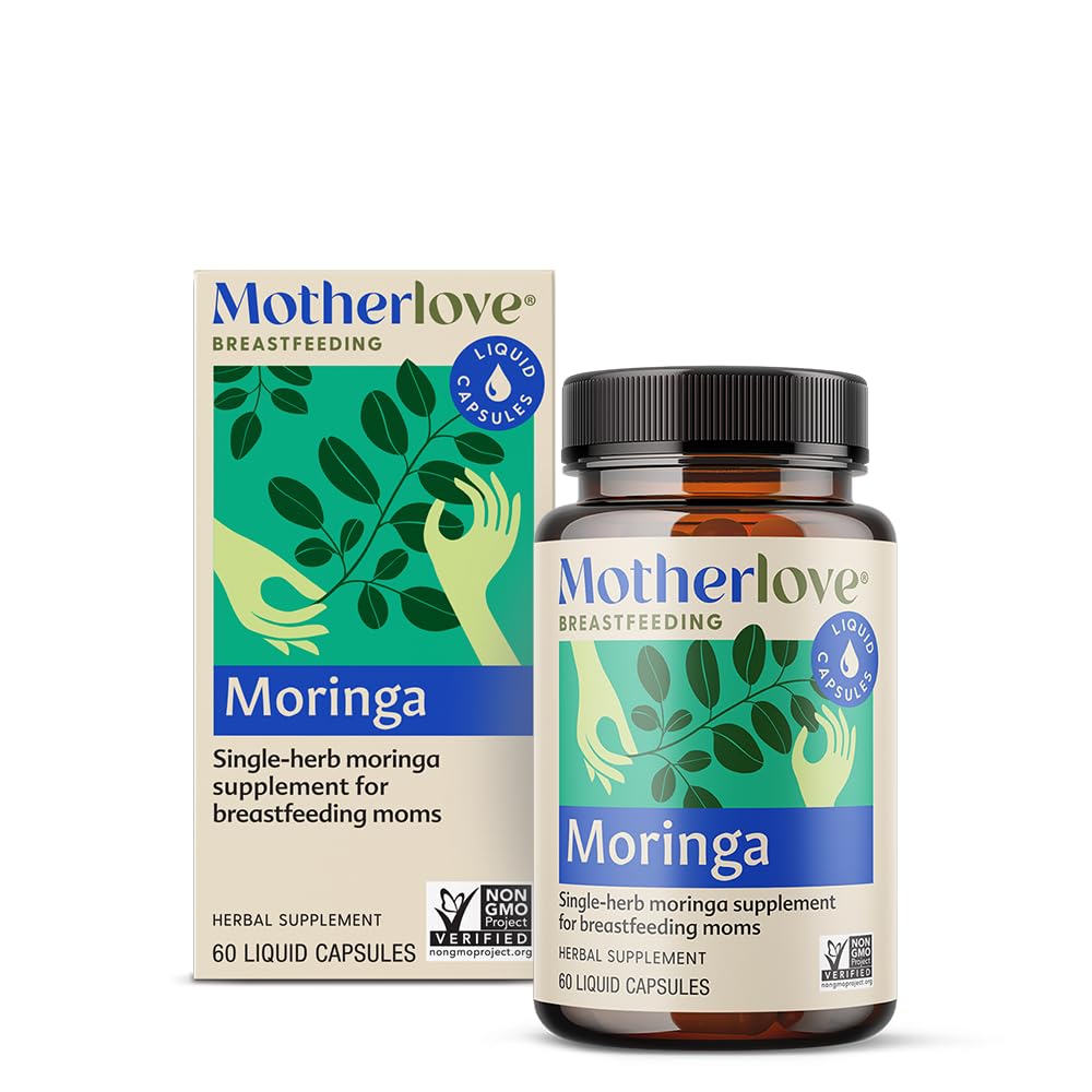 Motherlove Moringa – capsules liquides sur emballage bio, soutien potentiel à l'allaitement.