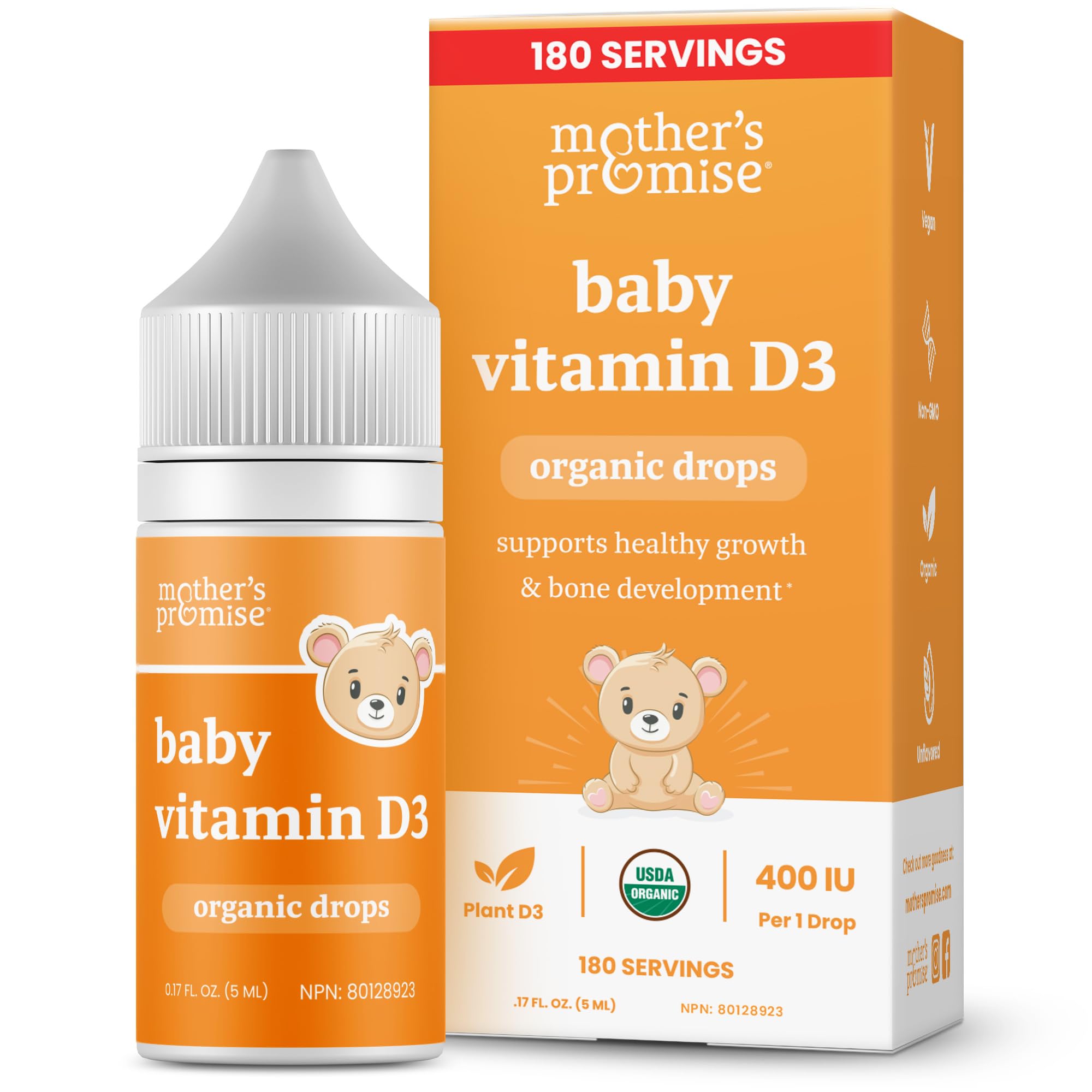 Gouttes D3Mother's Promise en bouteille pour bébé, dosage quotidien pratique.