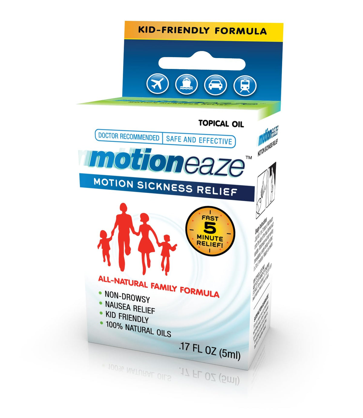 MotionEaze flacon 5ml prêt à emporter, relief rapide lors des trajets.